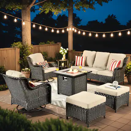Front. Ovios - 7 PCS Patio Furniture Conversation Set with 30" Fire Pit High Back Swivel Chair & Side Table - Beige(Brown Wicker).