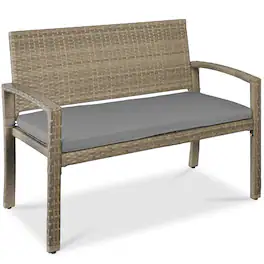 Best Choice Products - 2-Person Outdoor Wicker Bench Garden Patio Porch Furniture w/ 700lb Capacity - Cement - Gray/Taupe
