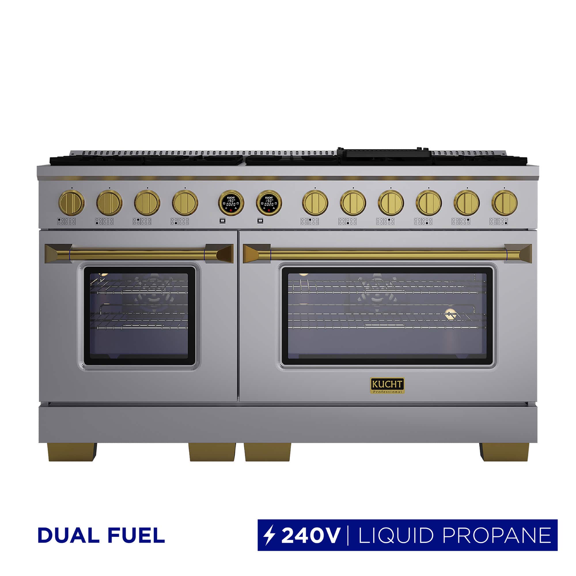 60 in. 7.9 cu. ft. Dual Fuel Range, 8 Burners, LP, SS w/ Gold Accents, Kucht Horus Thermostat - Stainless Steel & Gold