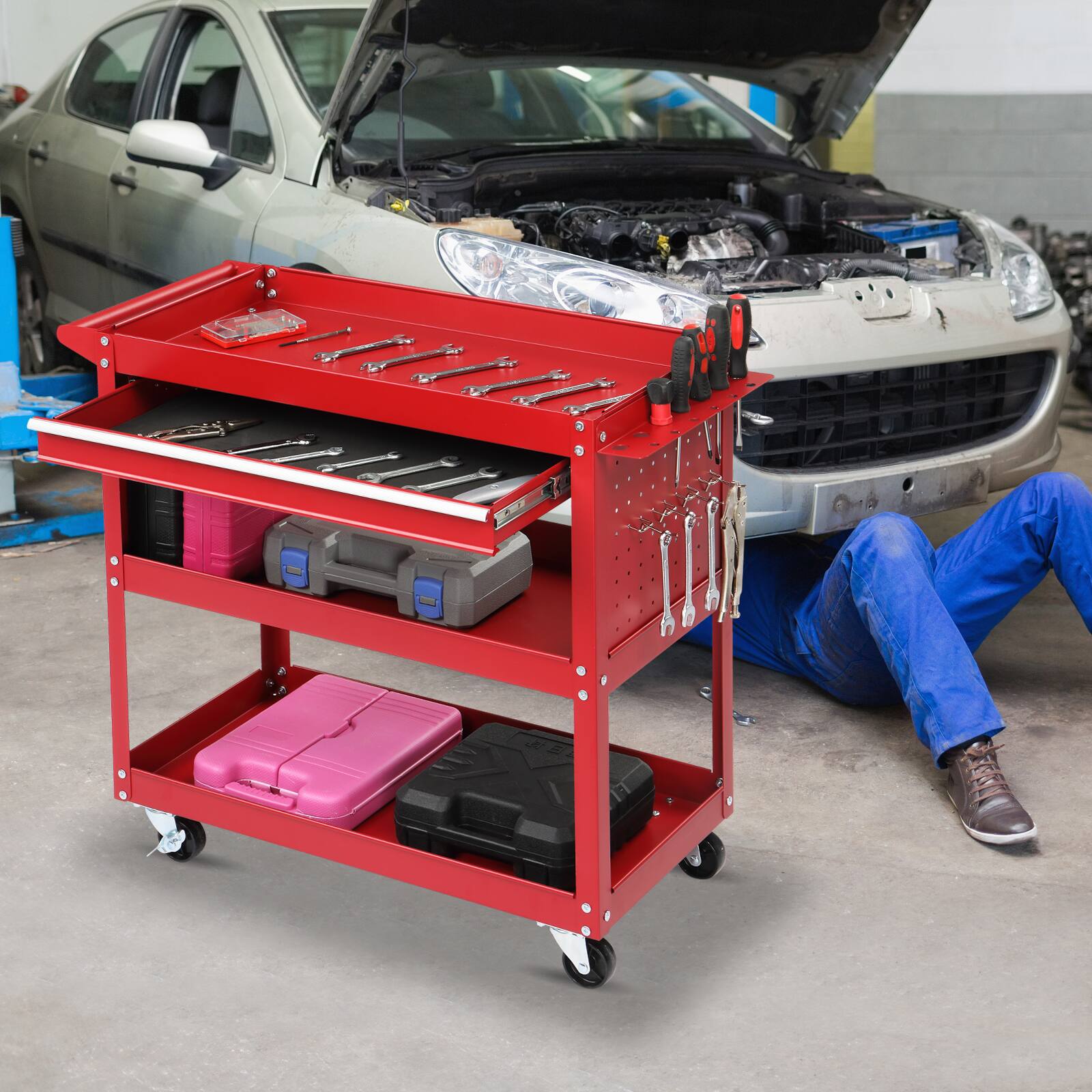Alt View 4. Winado - 3 Tier Rolling Tool Cart Heavy Duty with Locking Wheels & Pegboard Sides &  Drawer & 4 Hooks for Garage and Workshop New - Red.