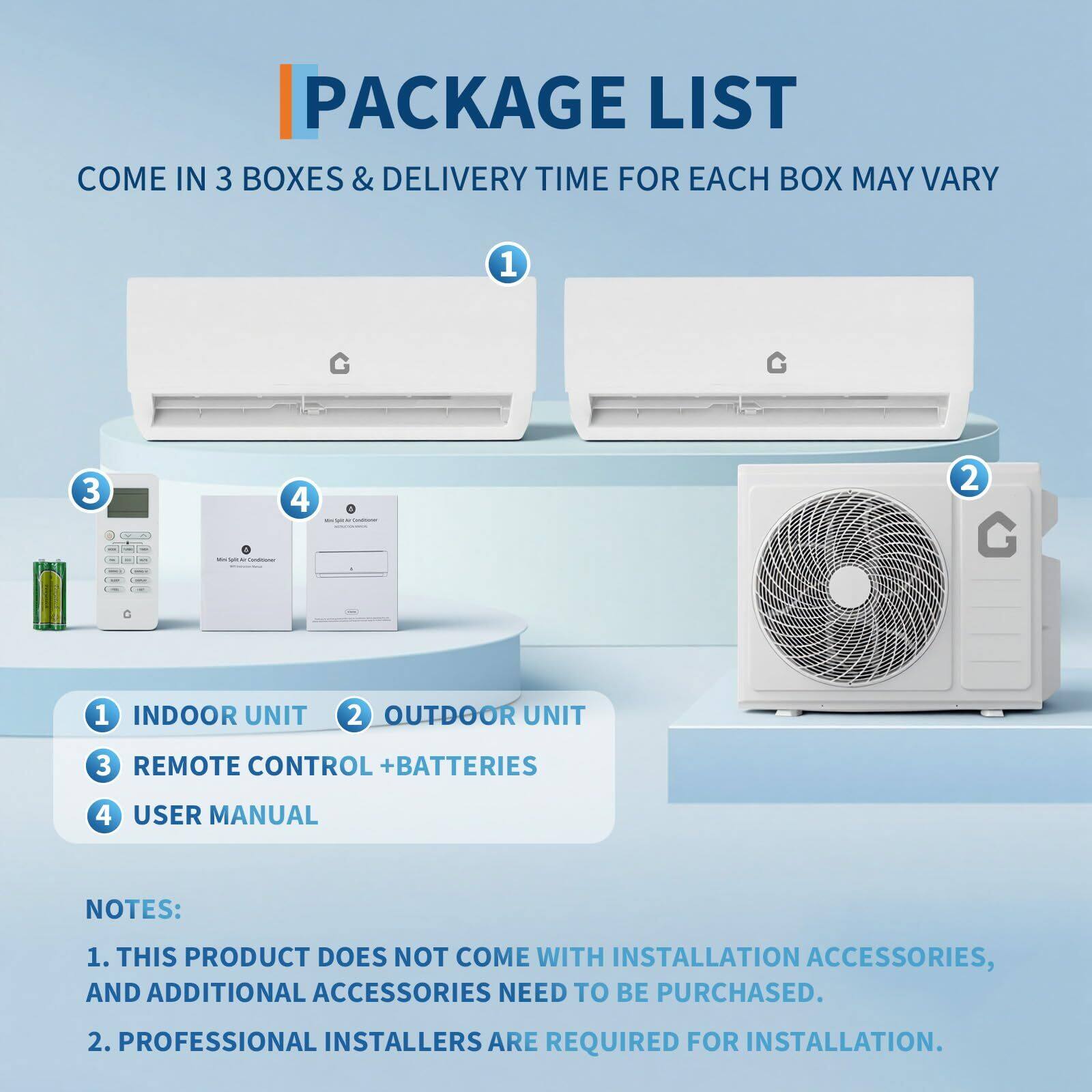 **PACKAGE LIST**

COME IN 3 BOXES & DELIVERY TIME FOR EACH BOX MAY VARY

1. INDOOR UNIT
2. OUTDOOR UNIT
3. REMOTE CONTROL + BATTERIES
4. USER MANUAL

**NOTES:**
1. THIS PRODUCT DOES NOT COME WITH INSTALLATION ACCESSORIES, AND ADDITIONAL ACCESSORIES NEED TO BE PURCHASED.
2. PROFESSIONAL INSTALLERS ARE REQUIRED FOR INSTALLATION.
