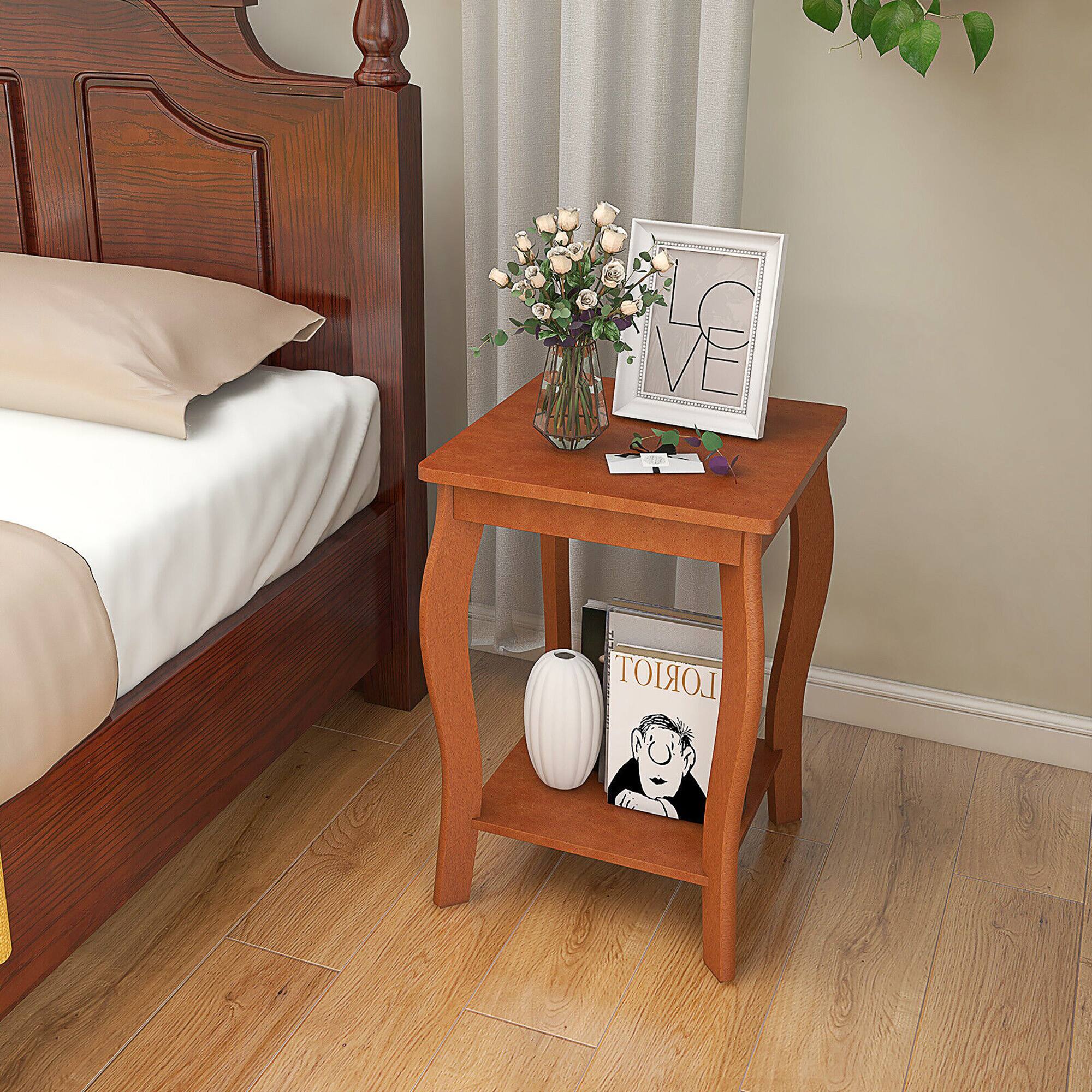 Alt View 4. Gymax - Gymax 2-Tier Square End Table Set of 2 Narrow Sofa Side Nightstand w/ Storage Shelf - Walnut.