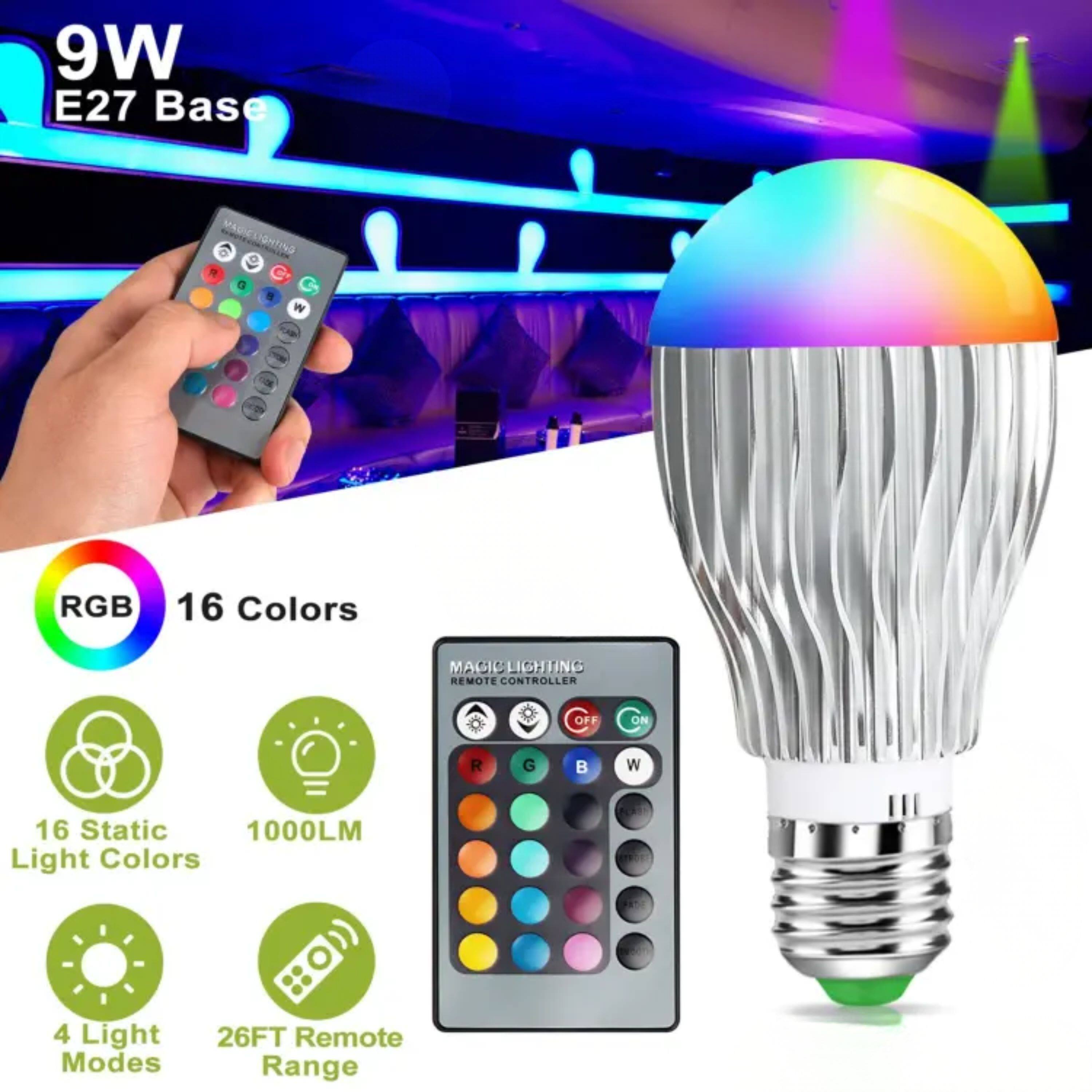 9W E27 Base  
MAGIELICHTING  
RGB 16 Colors  
REMOTE CONTROLLER  
16 Static Light Colors  
1000LM  
4 Light Modes  
26FT Remote Range