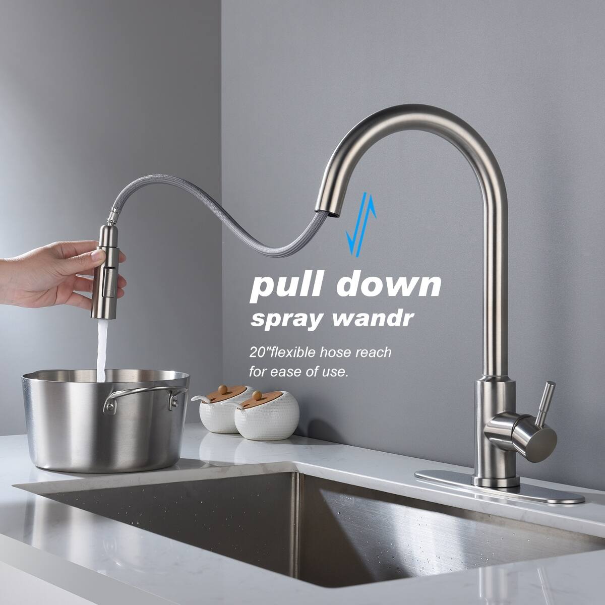 pull down spray wand  
20" flexible hose reach for ease of use.