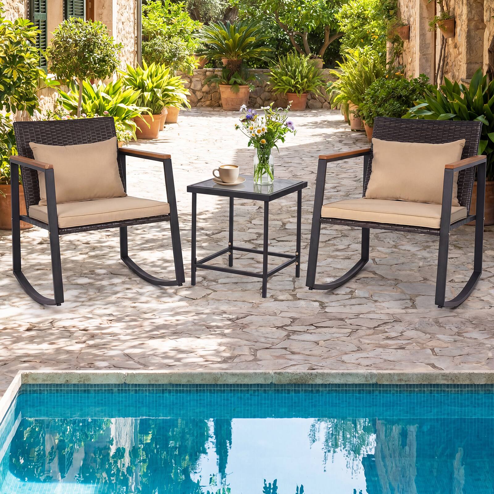Alt View 4. Costway - Costway 3-Piece Outdoor Rocking Bistro Set, Patio Rocking Chairs & Coffee Table Set - Mixed Brown + Brown + Black.