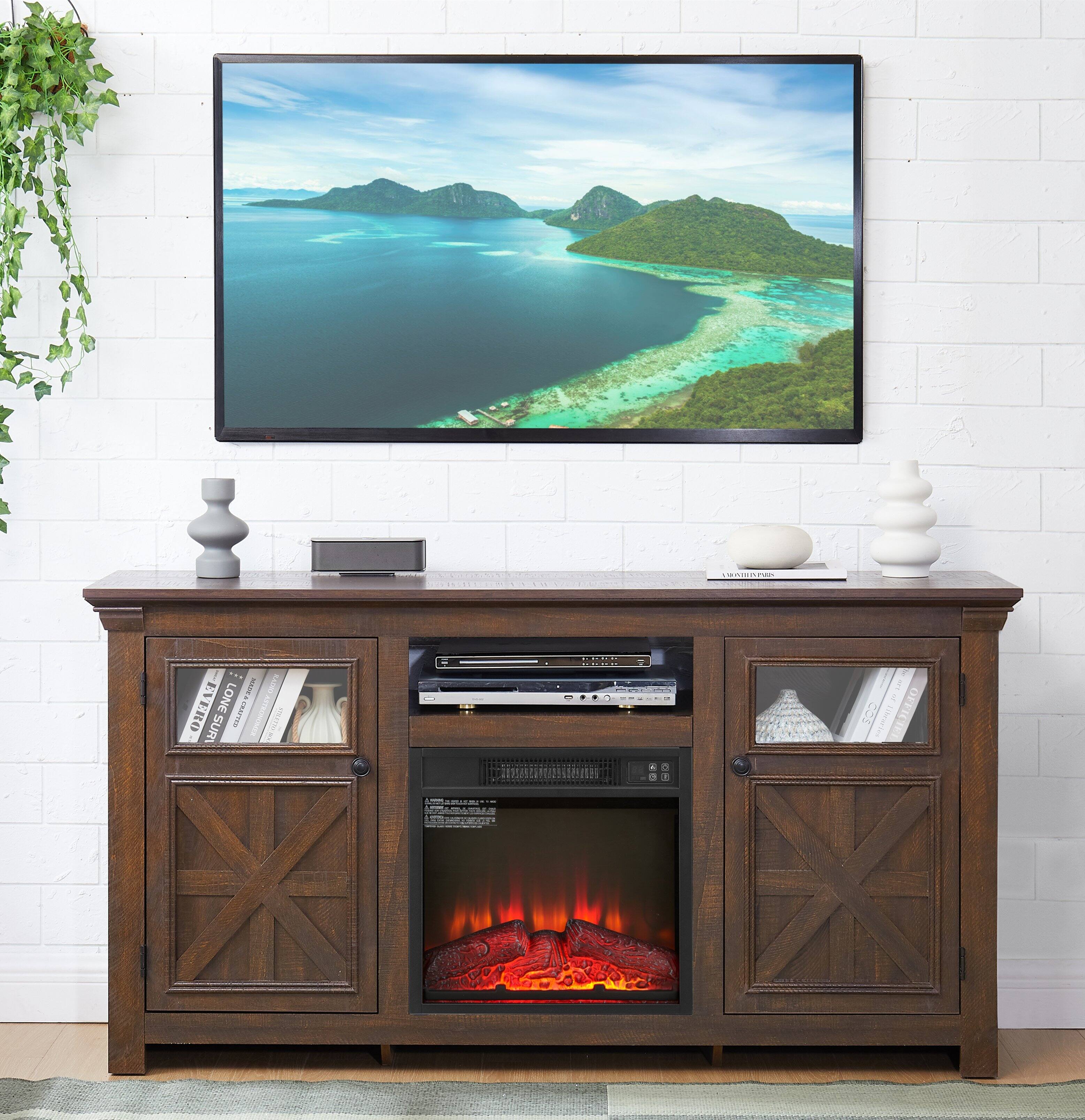 Front. TinyHomie - 60 inch W Farmhouse TV Stand Barn Design 18inch Fireplace Insert Espresso.