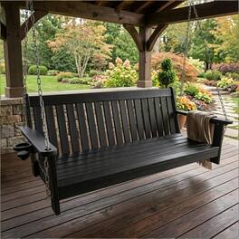 Fortune Candy - HDPE 5 ft Porch Swing Bench with Cupholders, High Backrest and Deep Contoured Seat for Outdoor Patio Garden (3-Seater) - Black