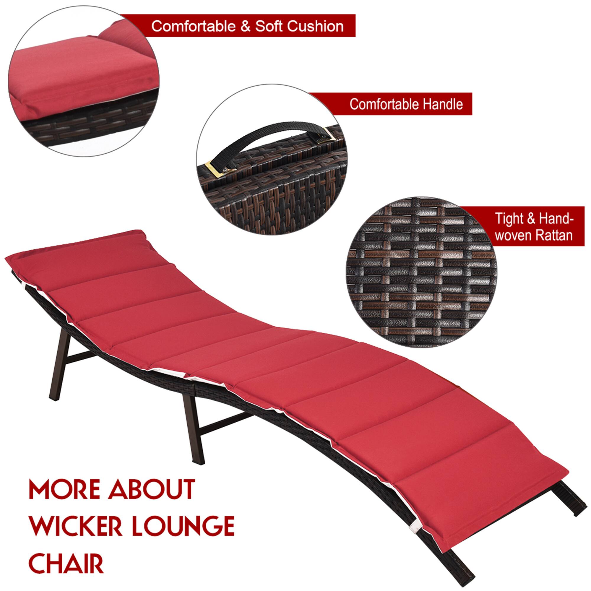 The image features a red Wicker Lounge Chair with a comfortable cushion and a handle for easy transport. The chair is made with tight and hand-woven rattan, providing a durable and stylish design. The image also includes a close-up view of the chair, showcasing its details and craftsmanship.