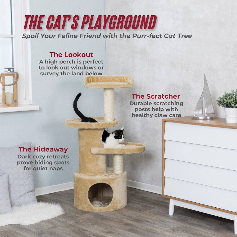 THE CAT'S PLAYGROUND  
Spoil Your Feline Friend with the Purr-fect Cat Tree  

The Lookout  
A high perch is perfect to look out windows or survey the land below  

The Scratcher  
Durable scratching posts help with healthy claw care  

The Hideaway  
Dark cozy retreats prove hiding spots for quiet naps