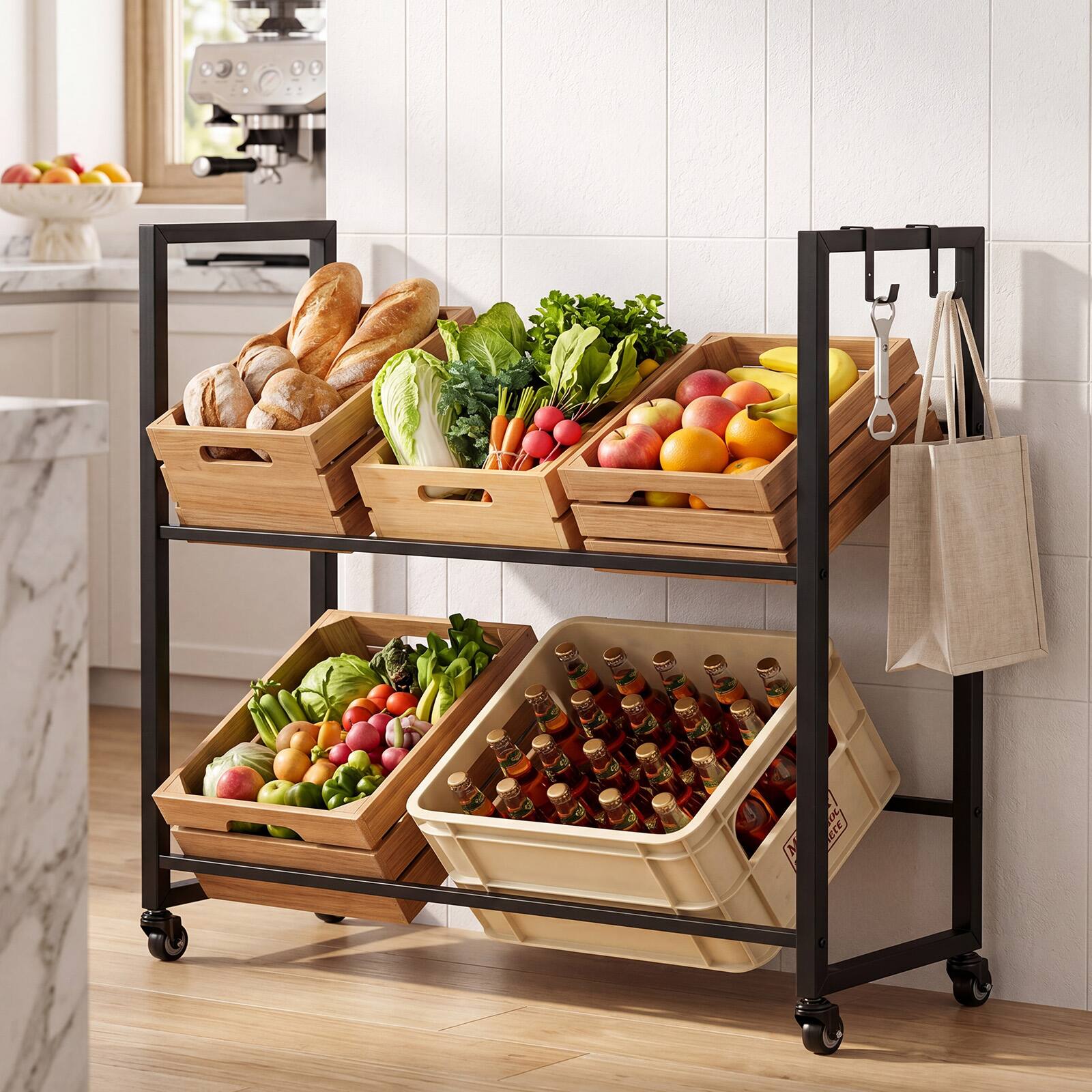 Alt View 1. Gymax - Gymax 2-Tier Drink Crate Rack Rolling Bottle Crate Shelf w/ 4 Universal Wheels - Black.