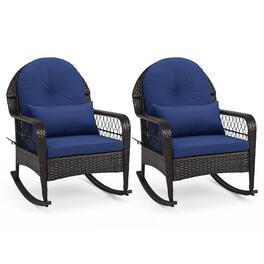 Costway - 2PCS Outdoor Wicker Rocking Chair, 400 LBS Rattan Rocker Chair with Thick Cushions - Mix Brown + Navy Blue