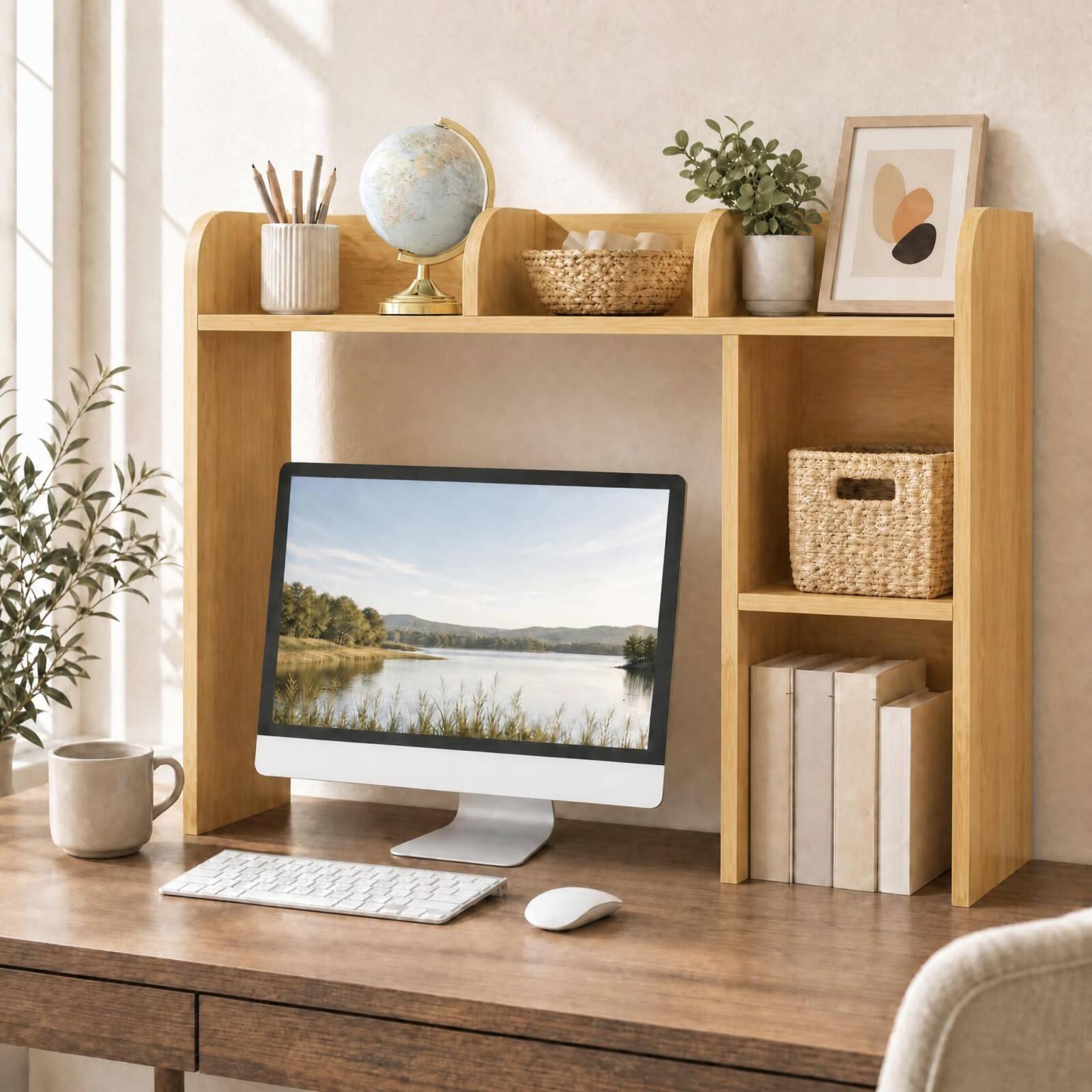 Alt View 1. Costway - Costway Desk Bookshelf Desktop Storage Shelf for Monitors up to 27" with Anti-tip Kits Beige - Beige.