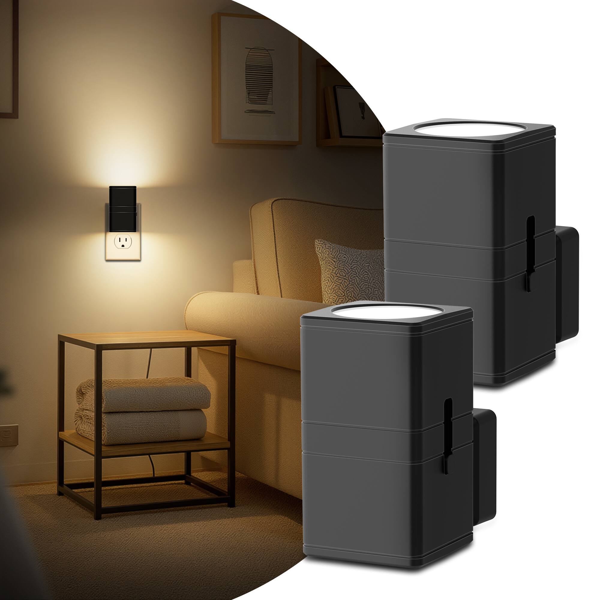 Angle. Jandcase - JANDCASE 2-Pack 1W  Plug-in Night Light, 3000K Warm Glow, Square Cylinder Wall Sconce with Up/Down Light, Slide Dimmer - Black.