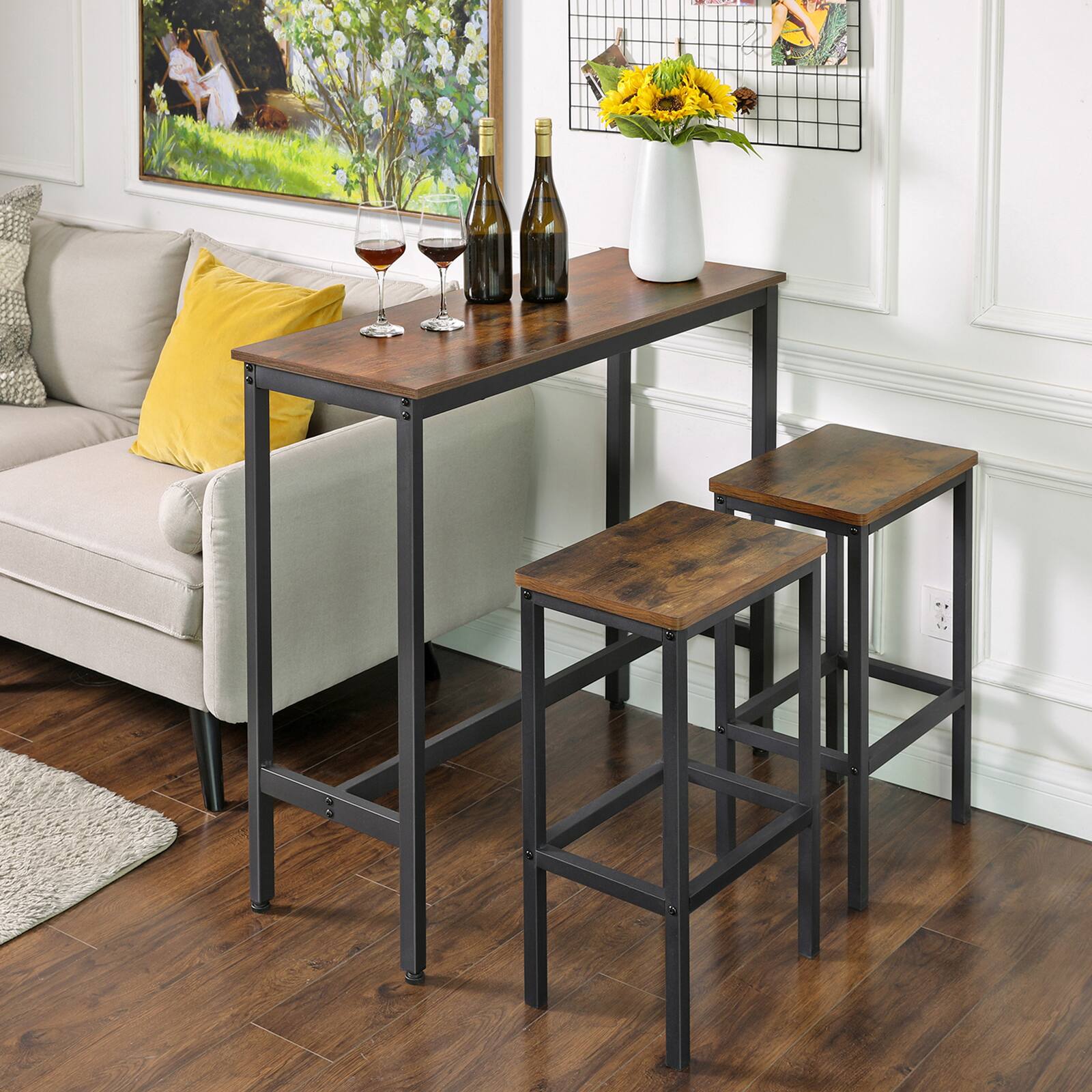 Angle. Songmics Home - Bar Table, Narrow Long Kitchen Dining Table, Sturdy Metal Frame, Industrial, 15.7 x 39.4 x 35.4 Inches - Rustic Brown and Ink Black.