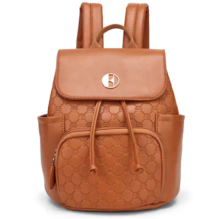 Front. Elle - ELLE Compass 10L Vegan Leather Monogram Mini Backpack - Brown - Brown.