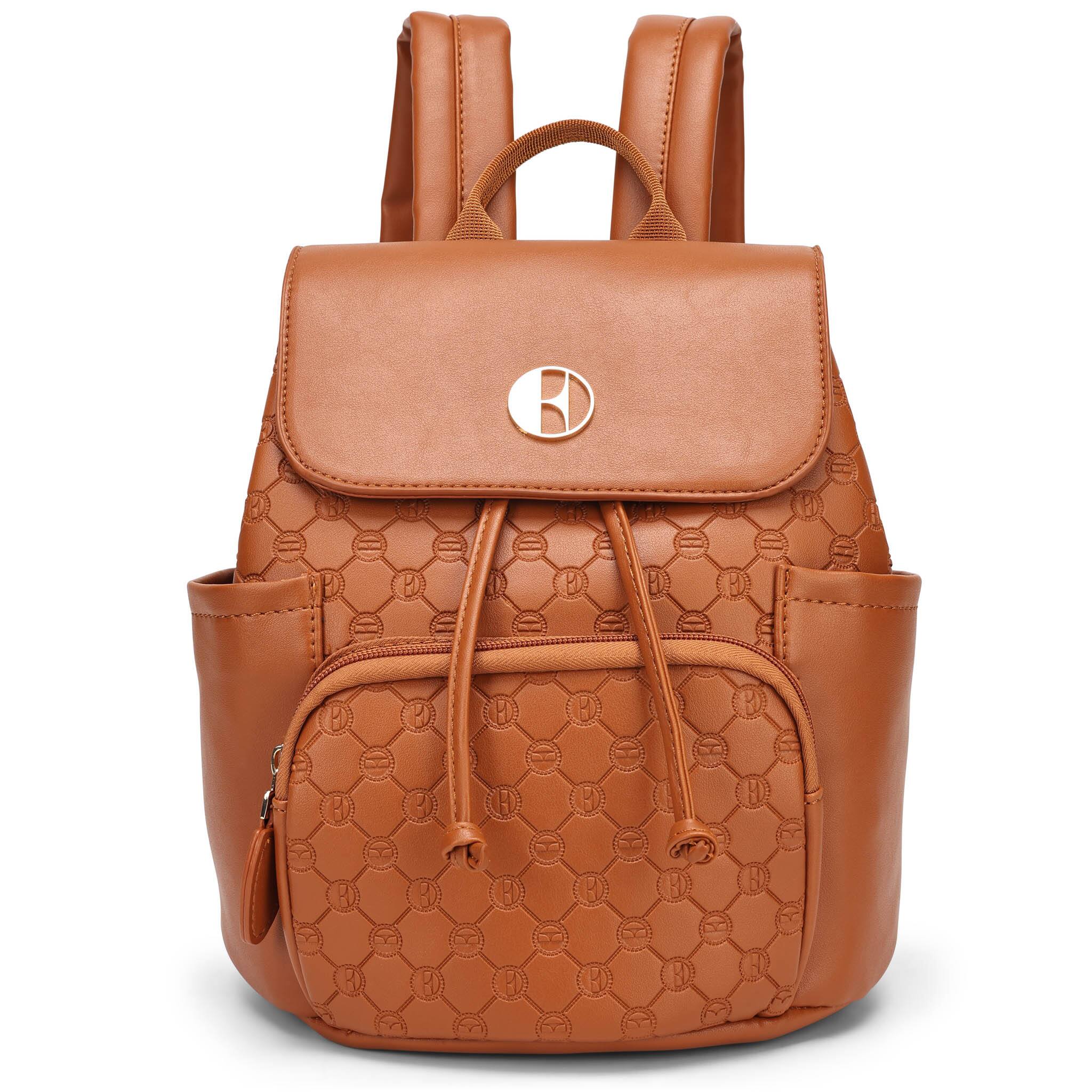 Front. Elle - ELLE Compass 10L Vegan Leather Monogram Mini Backpack - Brown - Brown.