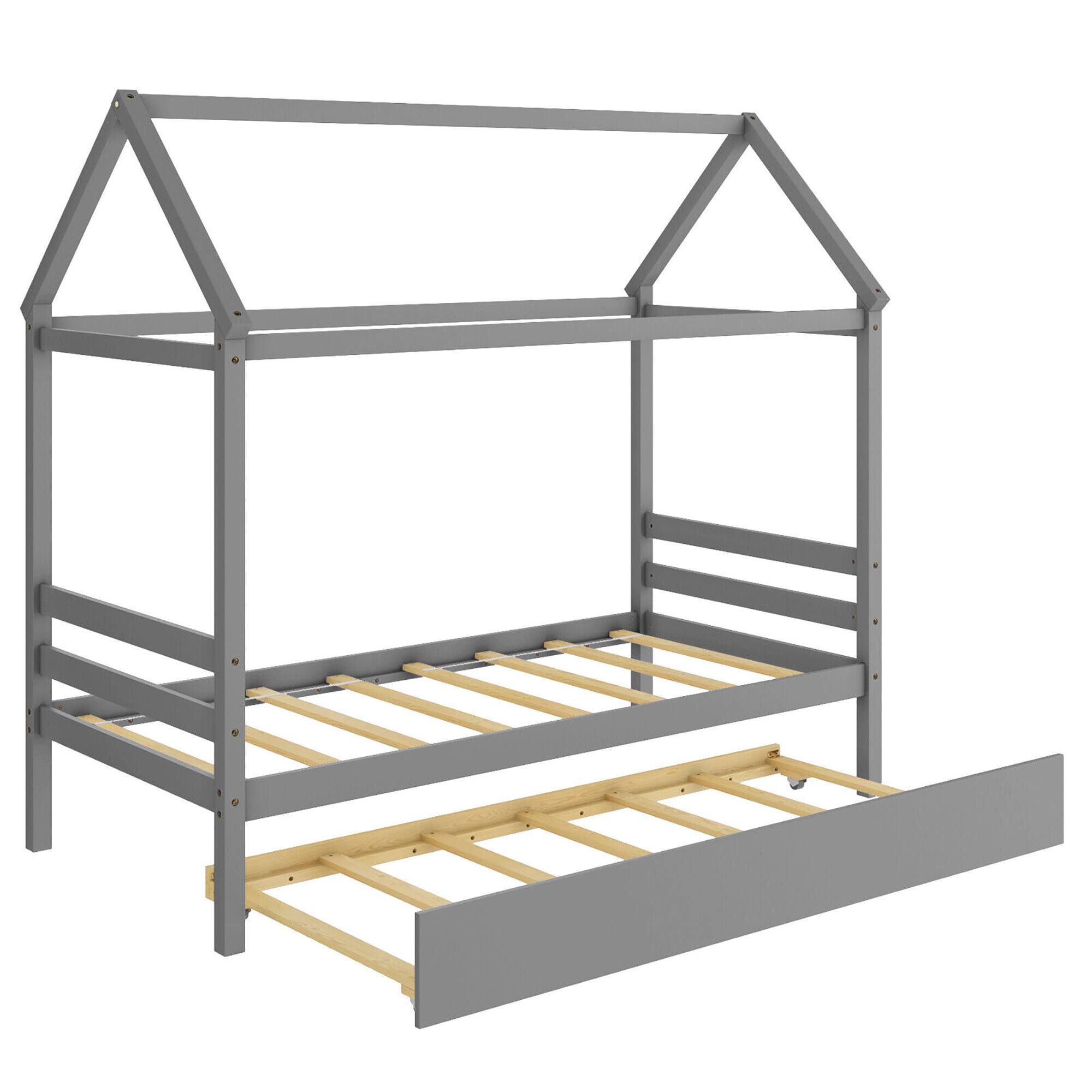 Alt View 1. Gymax - Gymax Twin House Bed Frame w/ Trundle Roof Wooden Platform Mattress Foundation Grey - Grey.