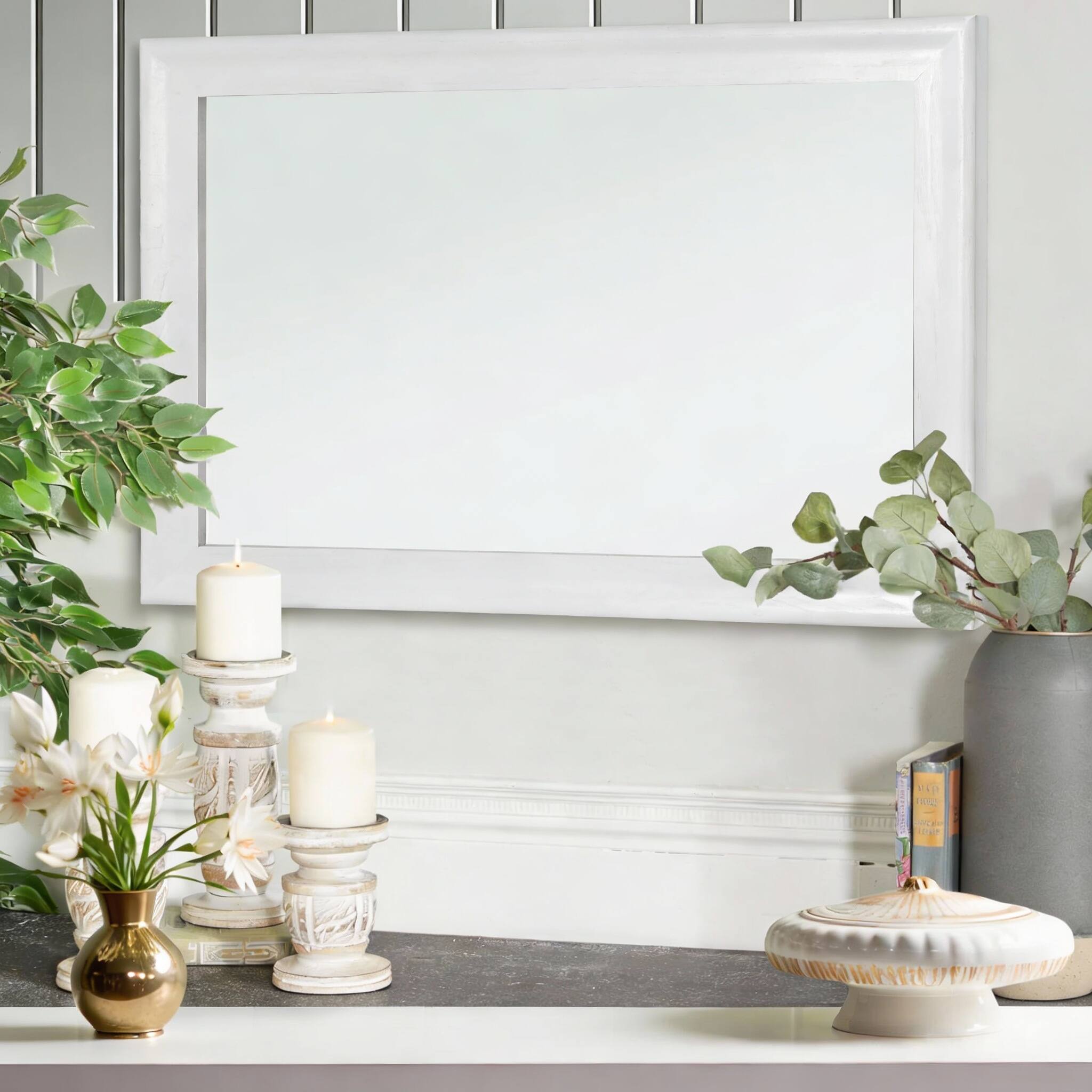 Left. METALTON - Wood Mirror For Bathroom Rectangle Rustic Vanity Wall Wooden Wall mounted Hanging Entryway Bedroom Or Livin - White 36"L x 24"W.