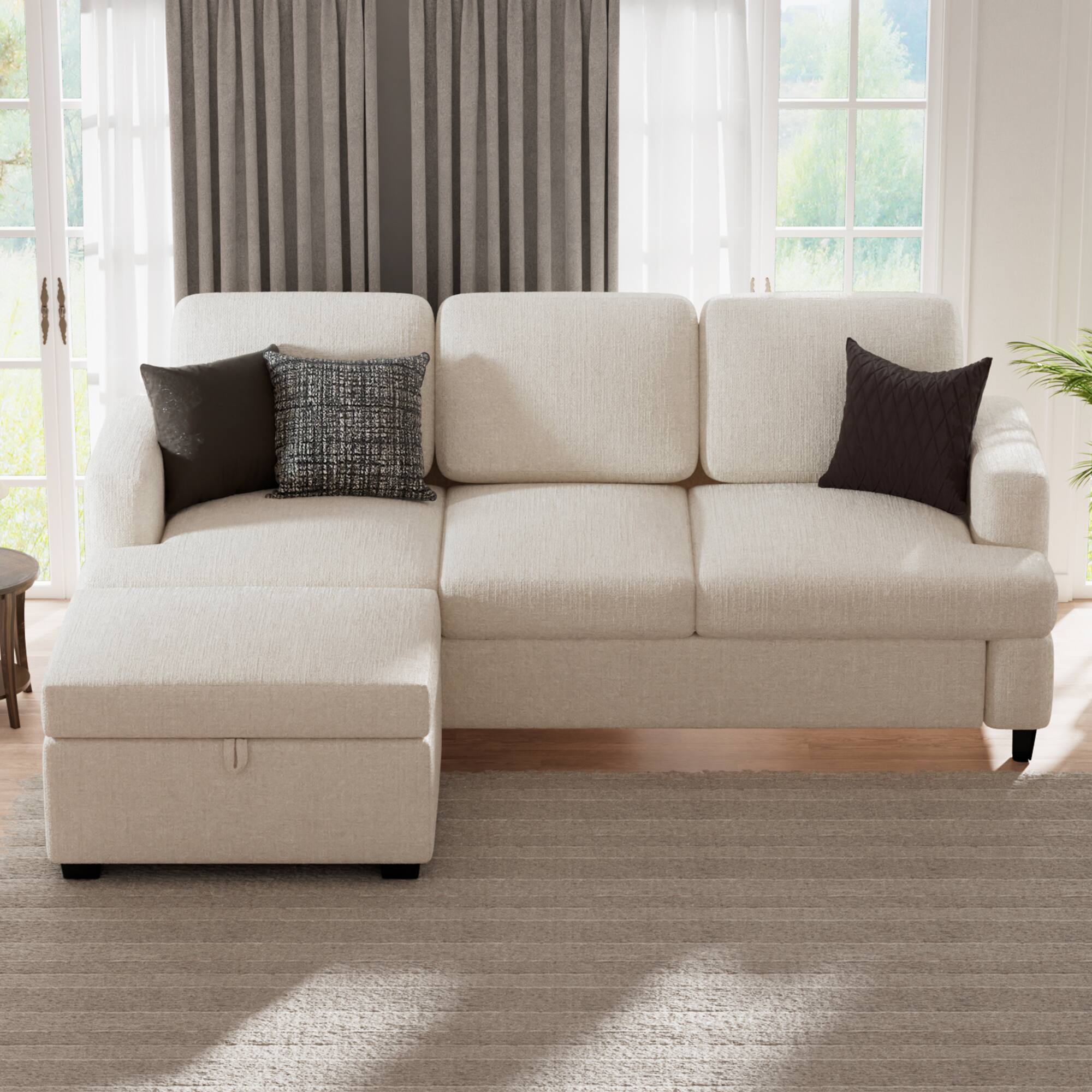 Left. KERDOM - 3 Seat Sofa for Living Room, L-Shaped Chenille Couch with Deep Seat, Storage Ottoman, Sectional Couch with Chaise Longue - Beige + 1 Ottoman.