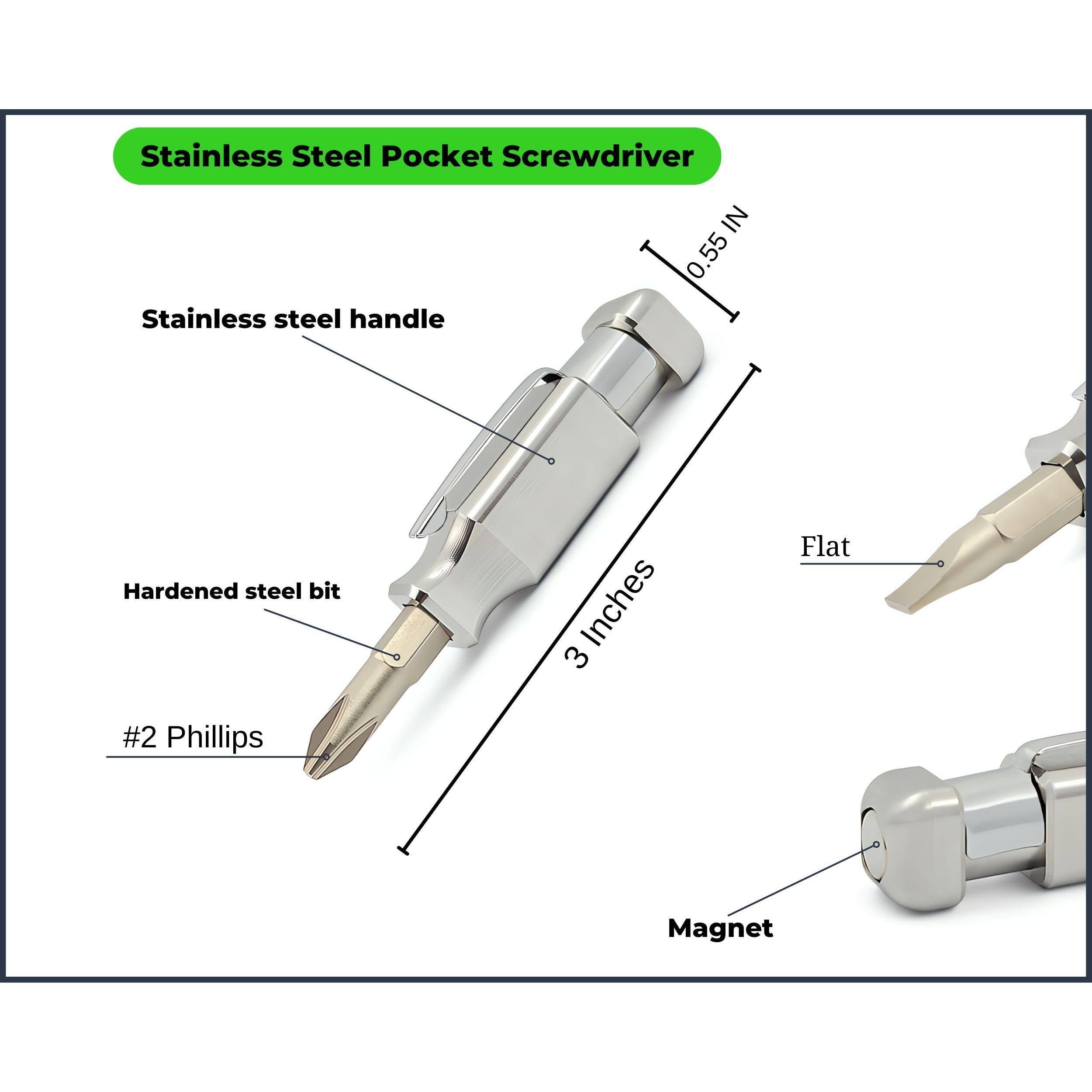 Stainless Steel Pocket Screwdriver

- Stainless steel handle
- Hardened steel bit
- #2 Phillips
- 3 Inches
- 0.55 IN
- Flat
- Magnet