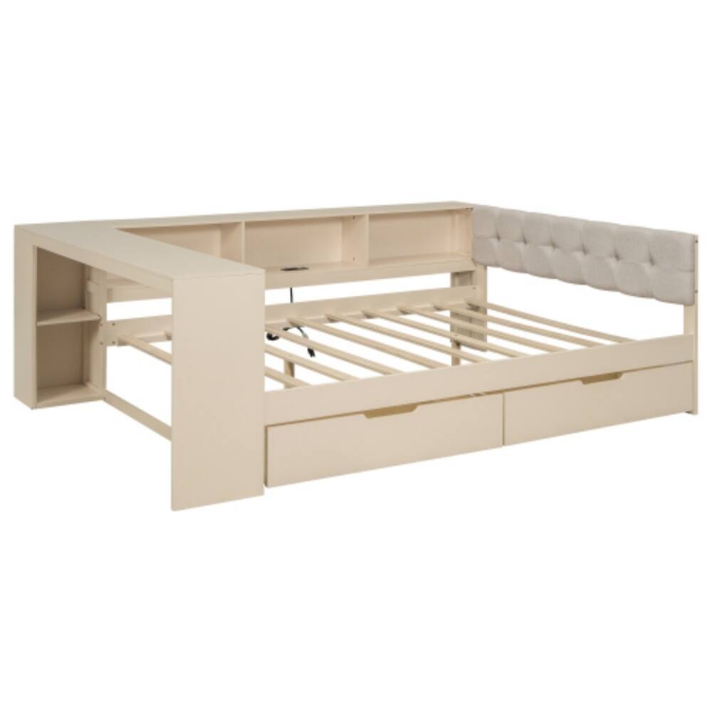 Alt View 4. LUCKY ONE - Full Size Wood Platform Bed with Storage Shelves, Drawers, USB Charging Station, Upholstered Headboard - Cream.
