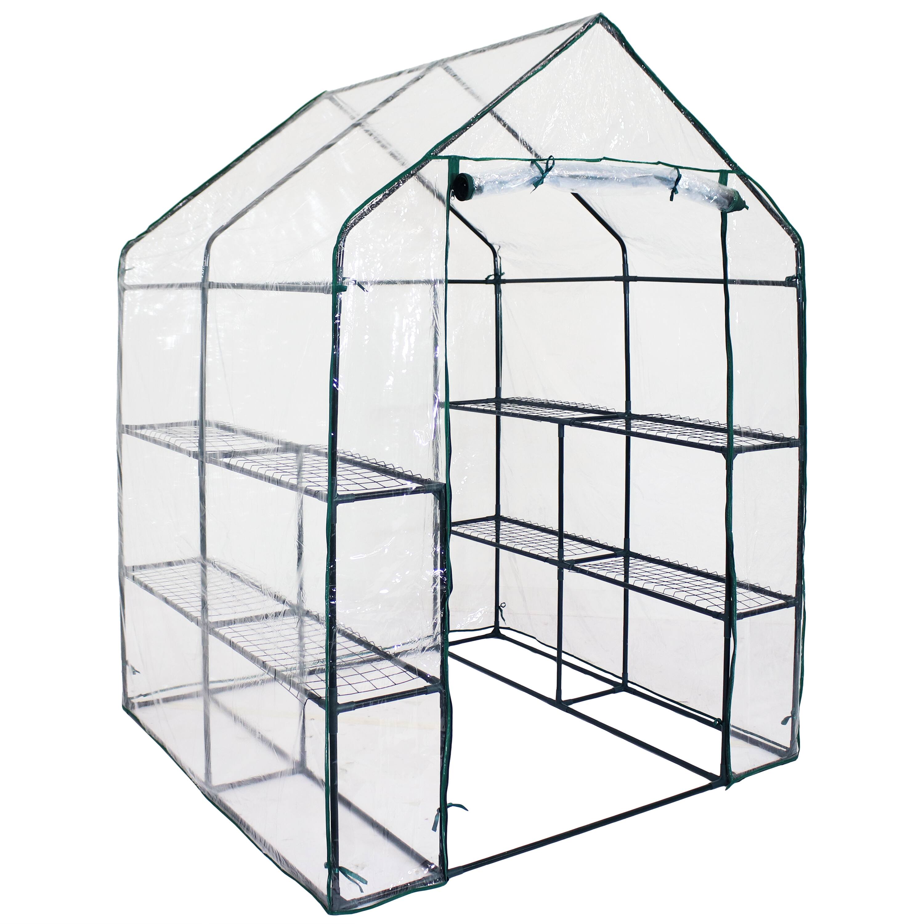 Front. Sunnydaze - Grandeur Walk-In Greenhouse with 4 Shelves for Outdoors - Clear.