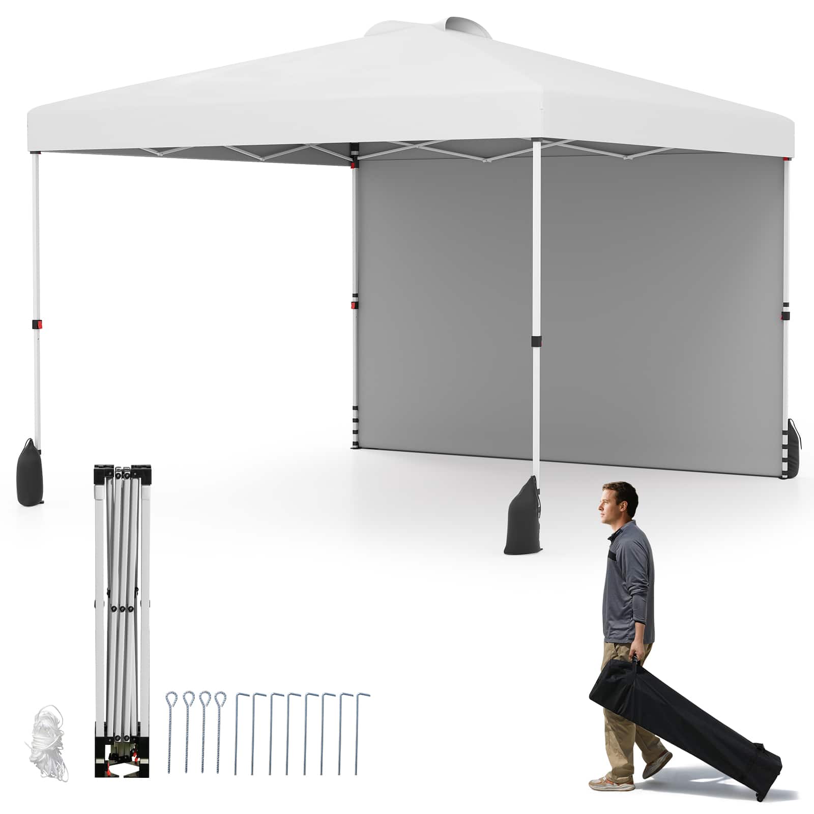 Gymax - 10 X 10 FT Pop up Canopy Tent w/ 1 Sidewall Wheeled Bag 8 Stakes - White