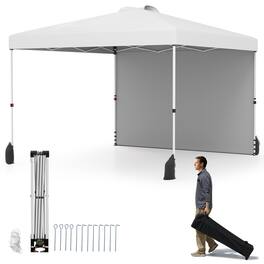 Gymax - 10 X 10 FT Pop up Canopy Tent w/ 1 Sidewall Wheeled Bag 8 Stakes - White