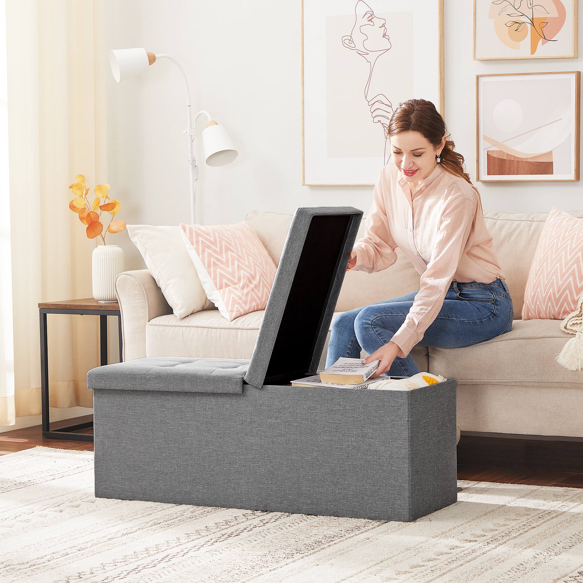 Angle. Songmics Home - Storage Ottoman, Foldable Storage Bench, Flipping Lid, for Entryway, Living Room, Bedroom - Ash Gray.
