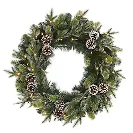 BreeBe - 24” Snowed Pinecone Xmas Wreath with 35 Clear LED Lights - Green