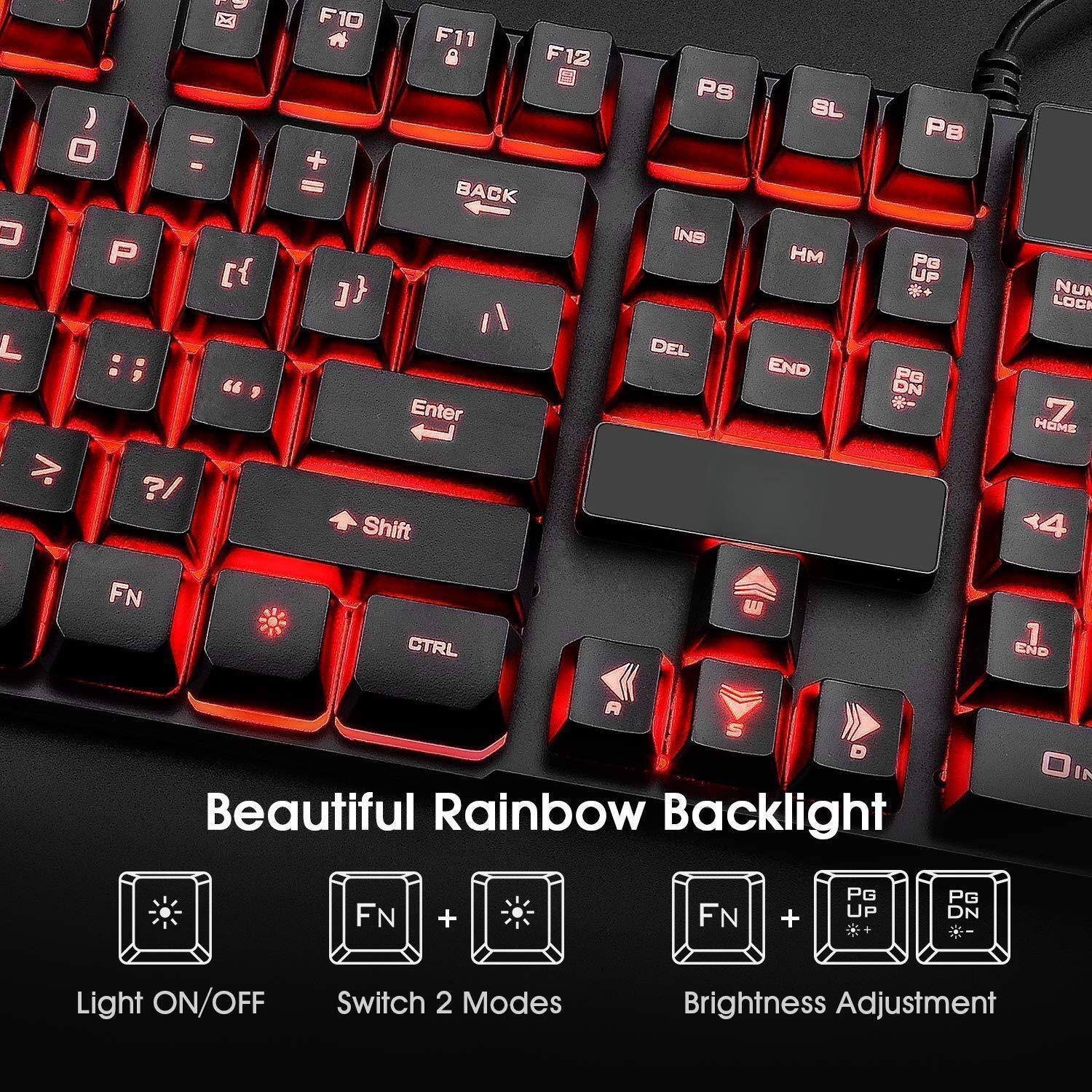 Beautiful Rainbow Backlight

- Light ON/OFF
- Switch 2 Modes
- Brightness Adjustment

Key Functions:
- FN + Light ON/OFF
- FN + Switch 2 Modes
- FN + PG UP for Brightness Up
- FN + PG DN for Brightness Down