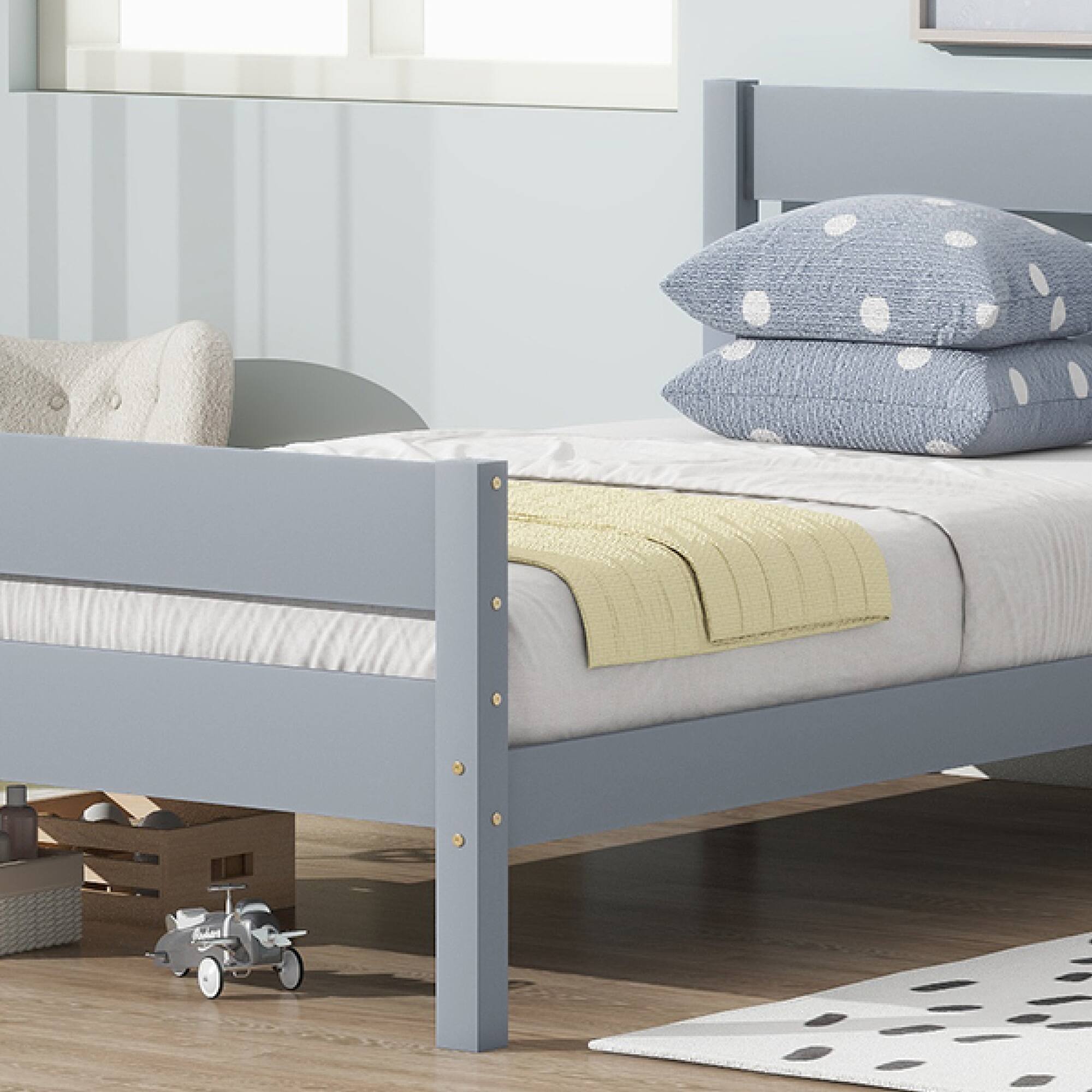 Alt View 8. GOODSILO - Twin Size Wooden Bed with Headboard and Footboard - Minimalist Design with Underneath Storage - Grey.
