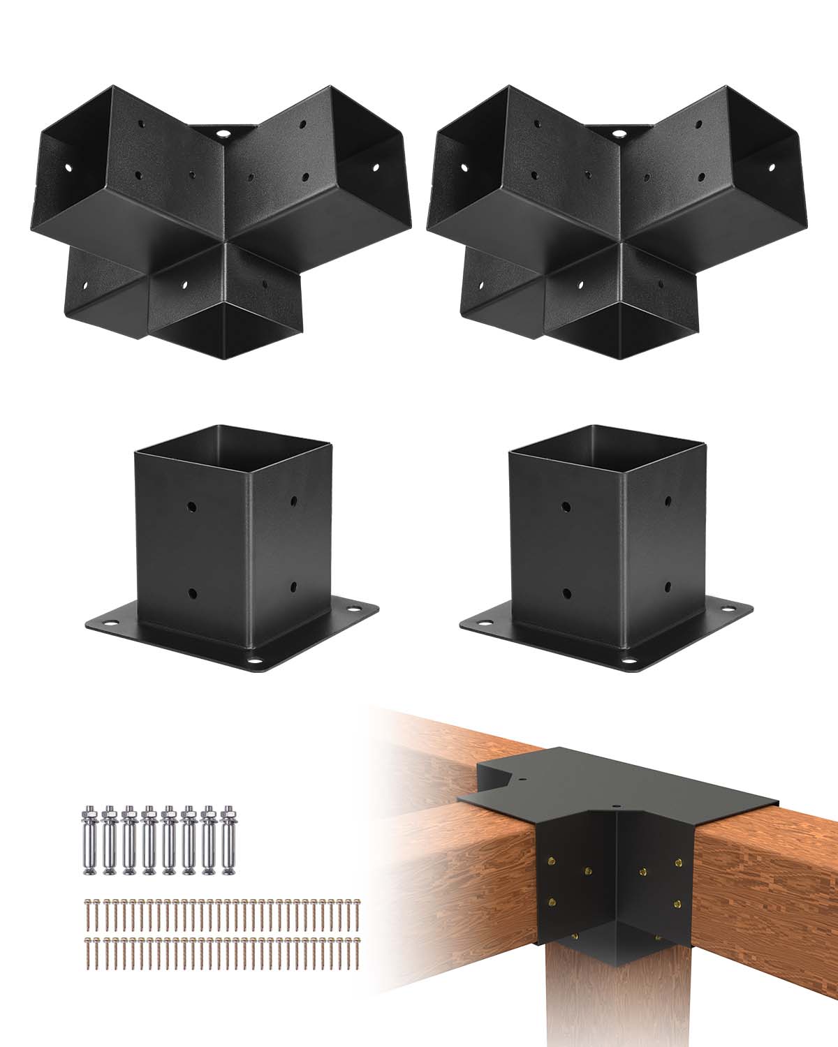 Front. VEVOR - Pergola Bracket Kit, 4x4 Inch (Inner Size 3.5x3.5), 2 Pcs 4-Way Heavy Duty Corner Bracket Woodworks DIY Post Base Kit - Black.