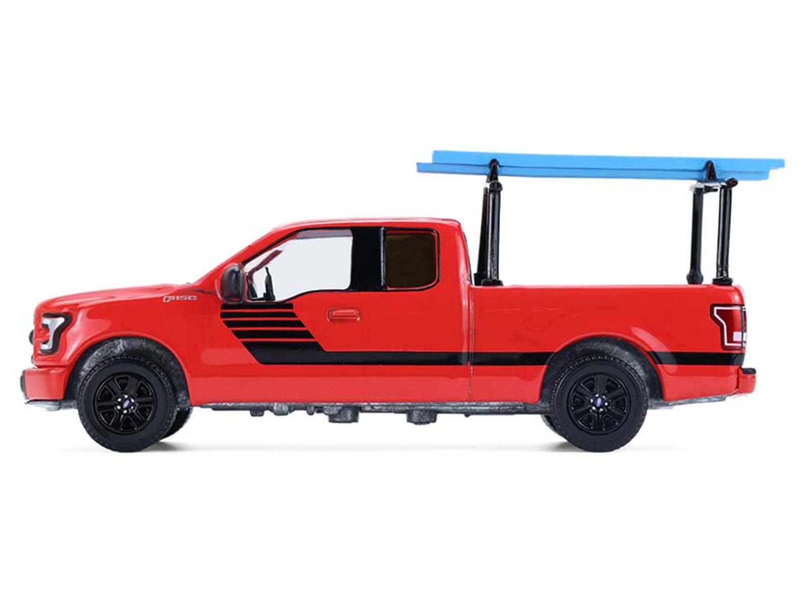 Alt View 2. Greenlight - 2015 Ford F-150 Pickup Truck with Ladder Rack Red with Black Stripes "Down on the Farm" Series 1/64 Model by Greenlight.