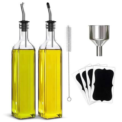 Front. Cheer Collection - 2 Pack Glass Olive Oil Dispenser Set 17oz with Funnel Brush Spouts and Labels - Clear.