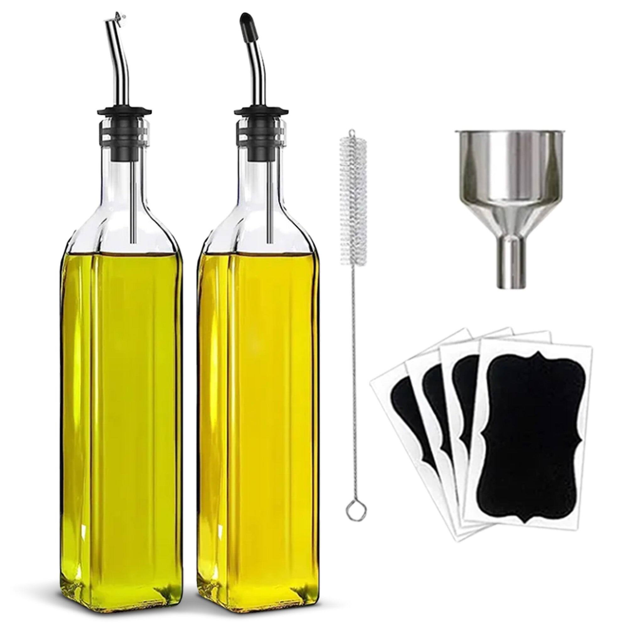 Front. Cheer Collection - 2 Pack Glass Olive Oil Dispenser Set 17oz with Funnel Brush Spouts and Labels - Clear.