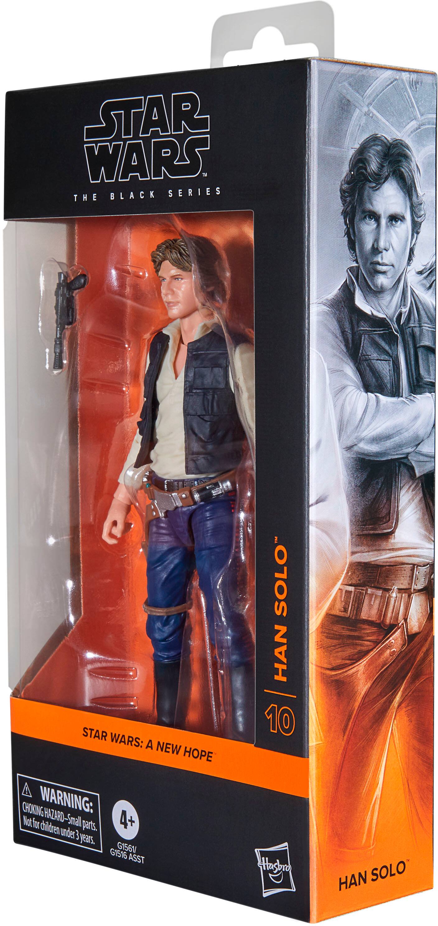 The image shows a Star Wars action figure, specifically Han Solo, in a box. The box has a choking warning and a hazard warning for small parts, indicating that it is not suitable for children under the age of 3. The figure is part of the Black Series collection and is designed for collectors and fans of the Star Wars franchise.