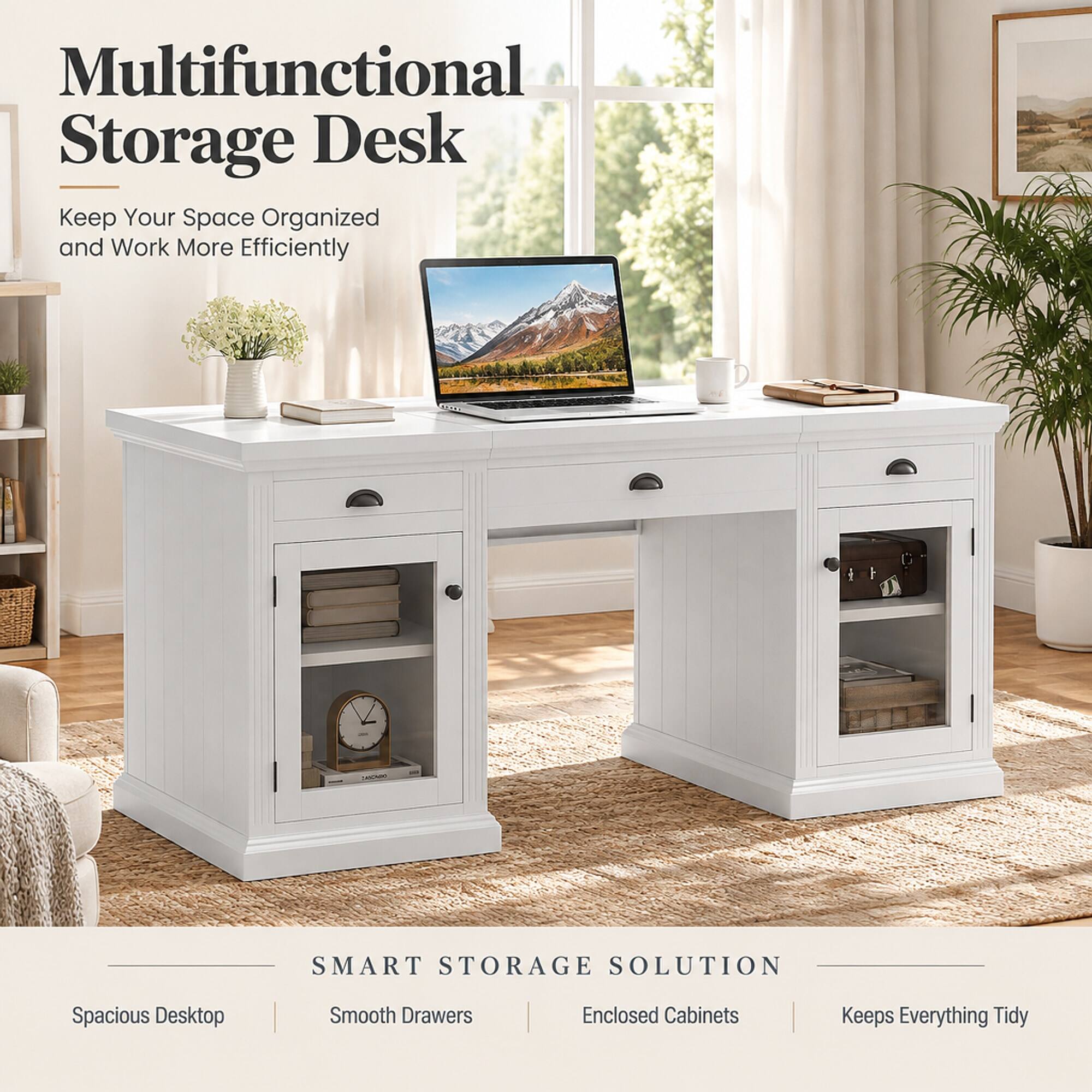 Multifunctional Storage Desk  
Keep Your Space Organized and Work More Efficiently

DANONHO  
SMART STORAGE SOLUTION

Spacious Desktop  
Smooth Drawers  
Enclosed Cabinets  
Keeps Everything Tidy