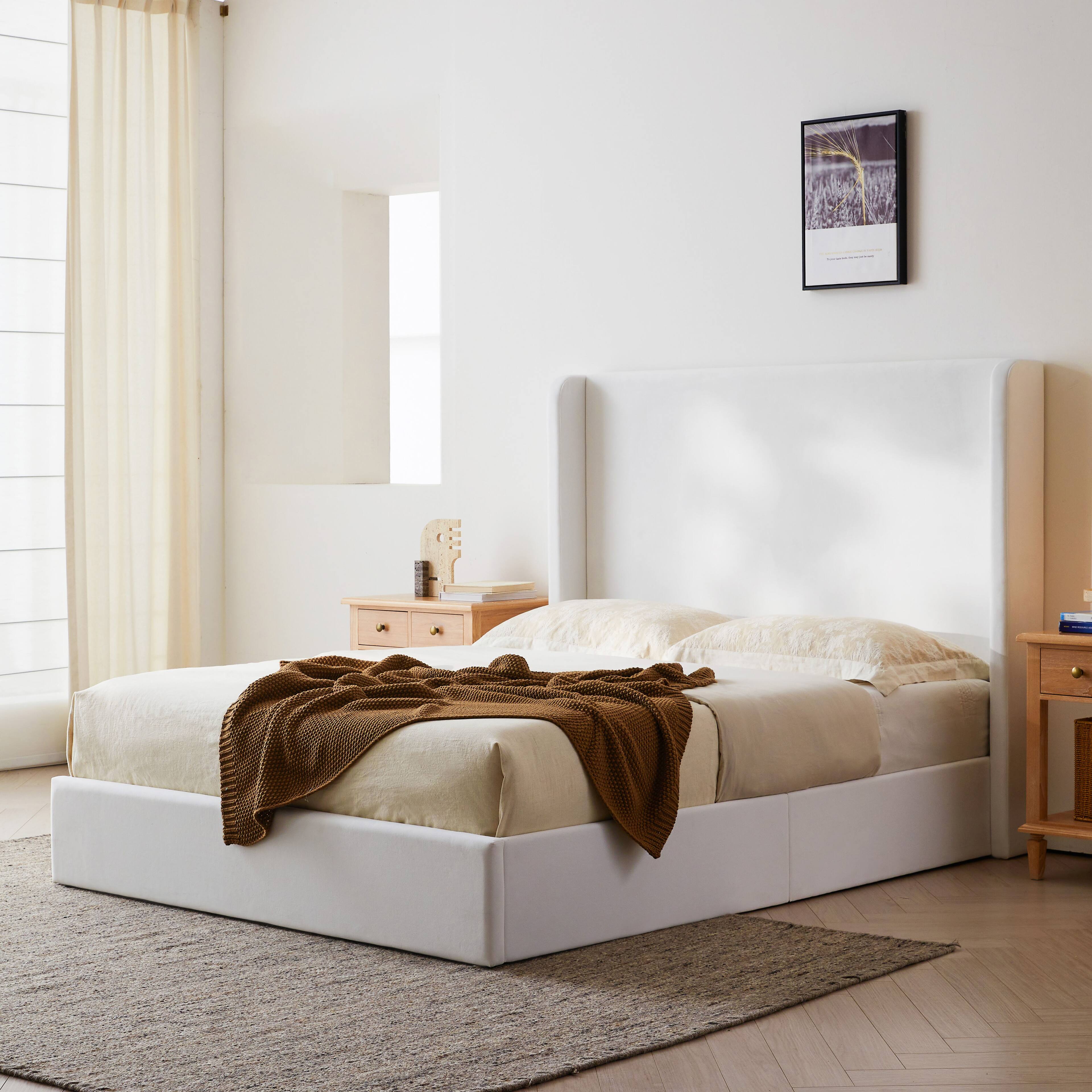 Angle. Anysun - King Wingback Platform Bed - Micro Suede, 52.3" High Headboard, No Box Spring, Easy Assembly & No Noise - Ivory.