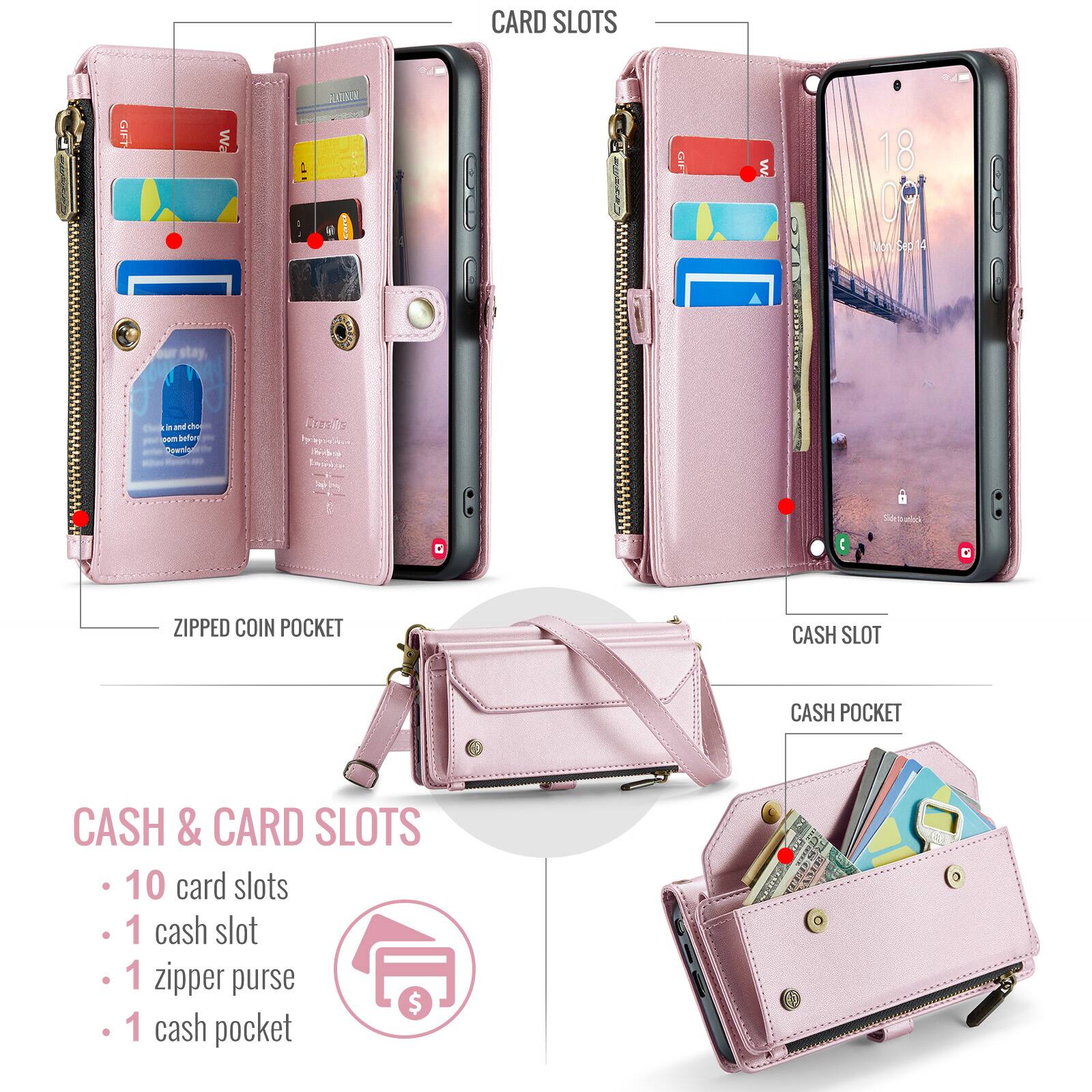 CARD SLOTS  
ZIPPED COIN POCKET  
CASH SLOT  
CASH POCKET  

CASH & CARD SLOTS  
- 10 card slots  
- 1 cash slot  
- 1 zipper purse  
- 1 cash pocket