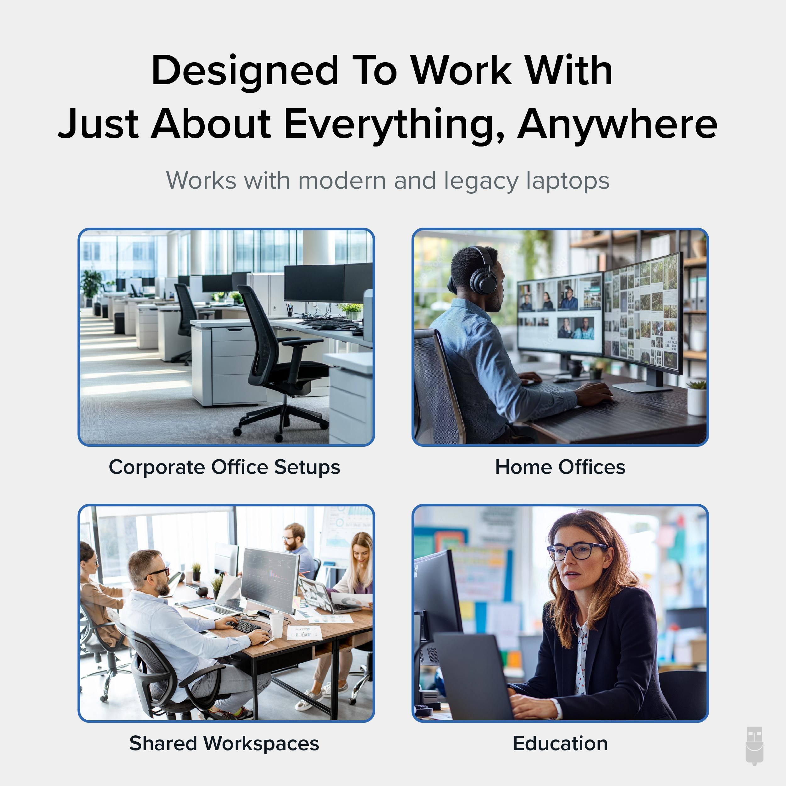 Designed To Work With Just About Everything, Anywhere  
Works with modern and legacy laptops  

Corporate Office Setups  
Home Offices  
Shared Workspaces  
Education