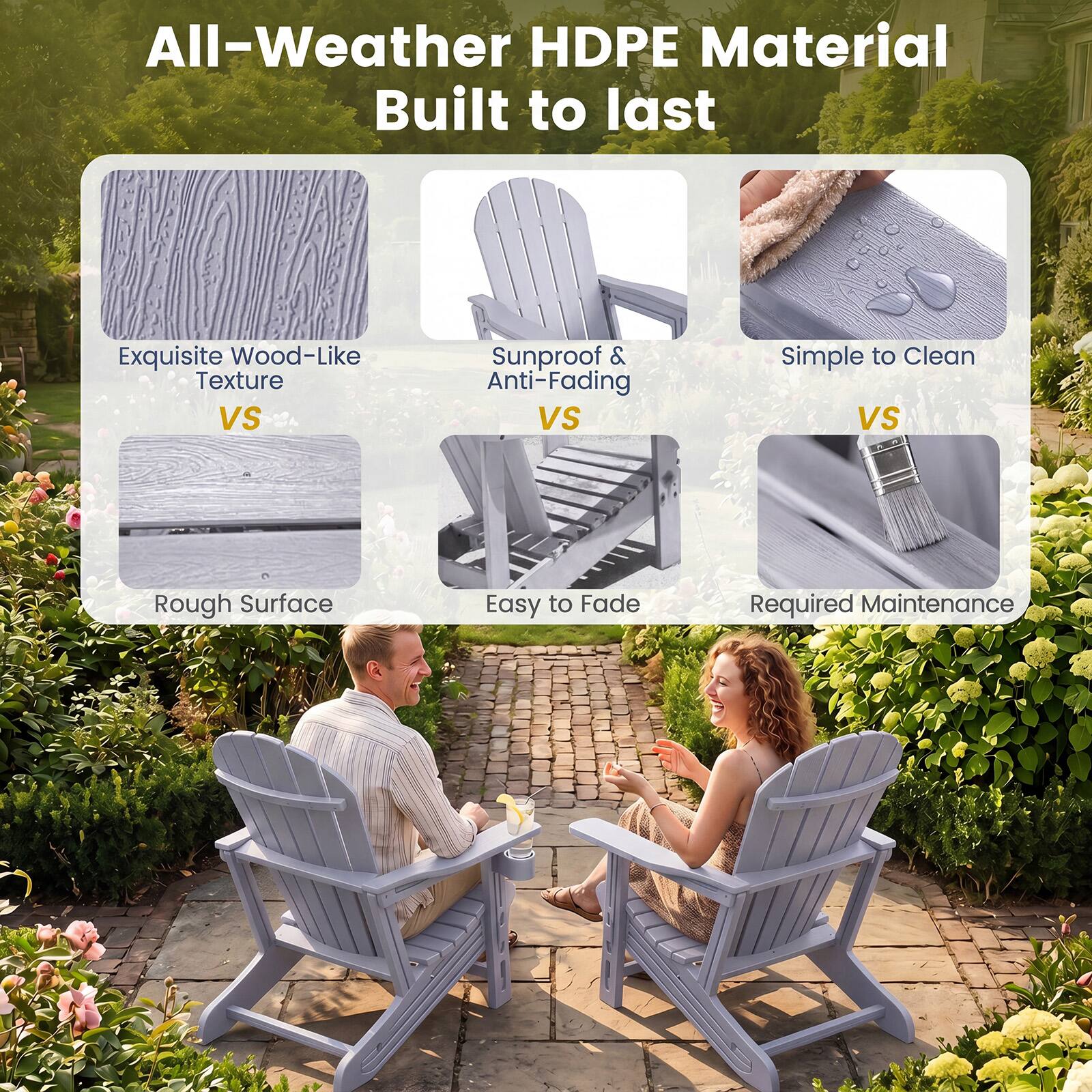All-Weather HDPE Material Built to last

Exquisite Wood-Like Texture VS Rough Surface

Sunproof & Anti-Fading VS Easy to Fade

Simple to Clean VS Required Maintenance