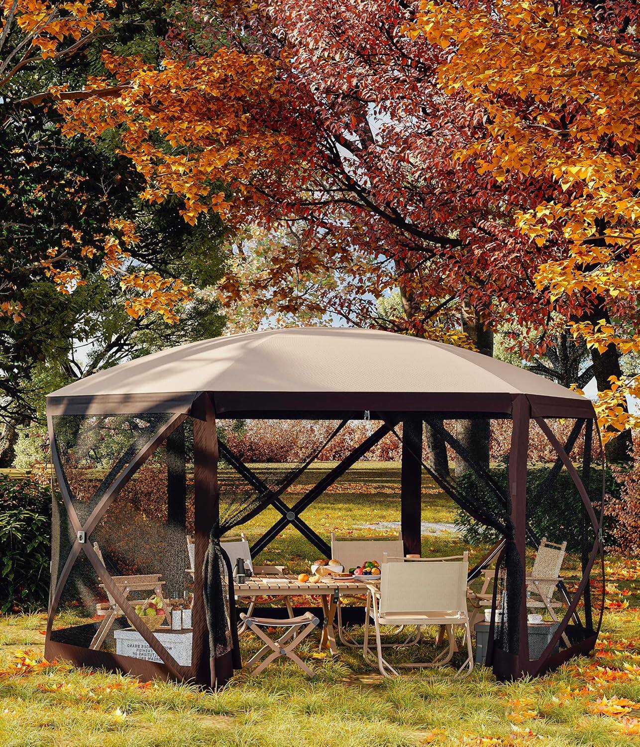 Alt View 2. Homhougo - Heavy Duty Hexagon Pop Up Outdoor Gazebo 12x12 FT, 6 Removable Side Curtains – Weatherproof 210d Oxford - Gray.