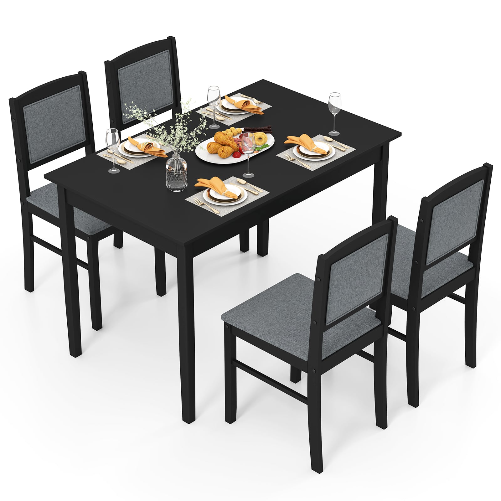 Costway - 5 PCS Dining Table Set for 4 with Rubber Wood Legs Upholstered Seat Padded Backrest - Gray