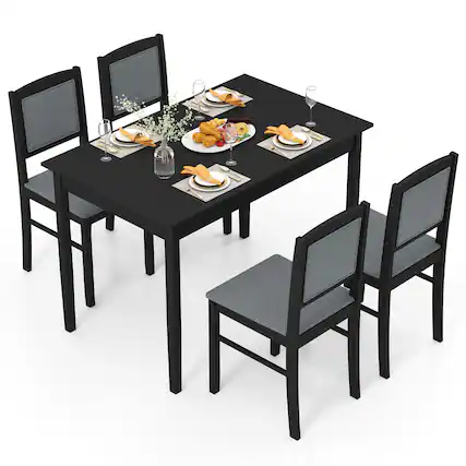 Front. Costway - Costway 5 PCS Dining Table Set for 4 with Rubber Wood Legs Upholstered Seat Padded Backrest - Gray.