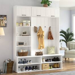 Loheer - Farmhouse Hall Tree with Bench, Entryway Storage Organizer, 76.9 Inch Height - White