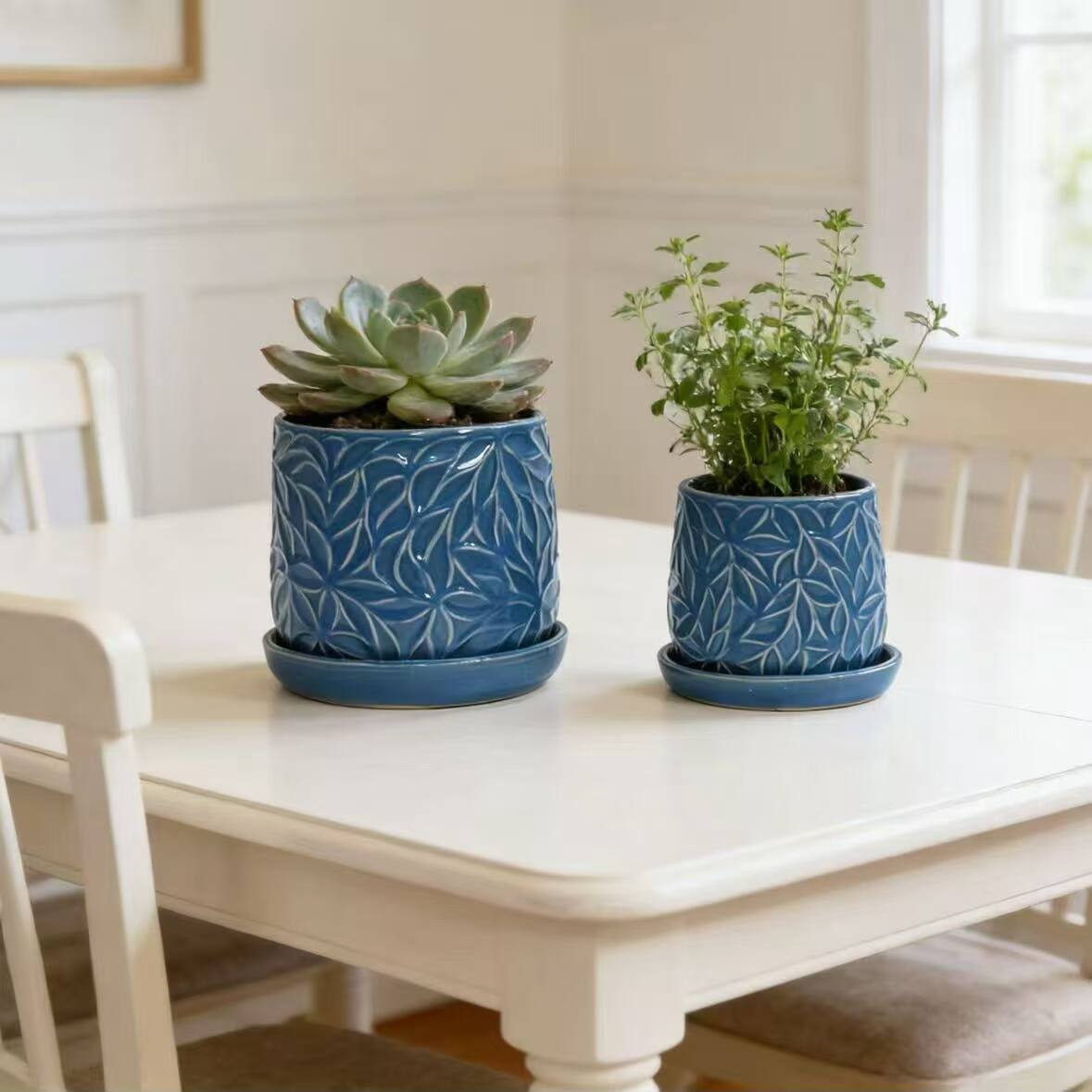 Alt View 2. Loheer - Ceramic Planter Set Loheer Handmade Blue Plant Pots with Saucers, Leaf Pattern, 6in and 8in for Succulents Herbs.