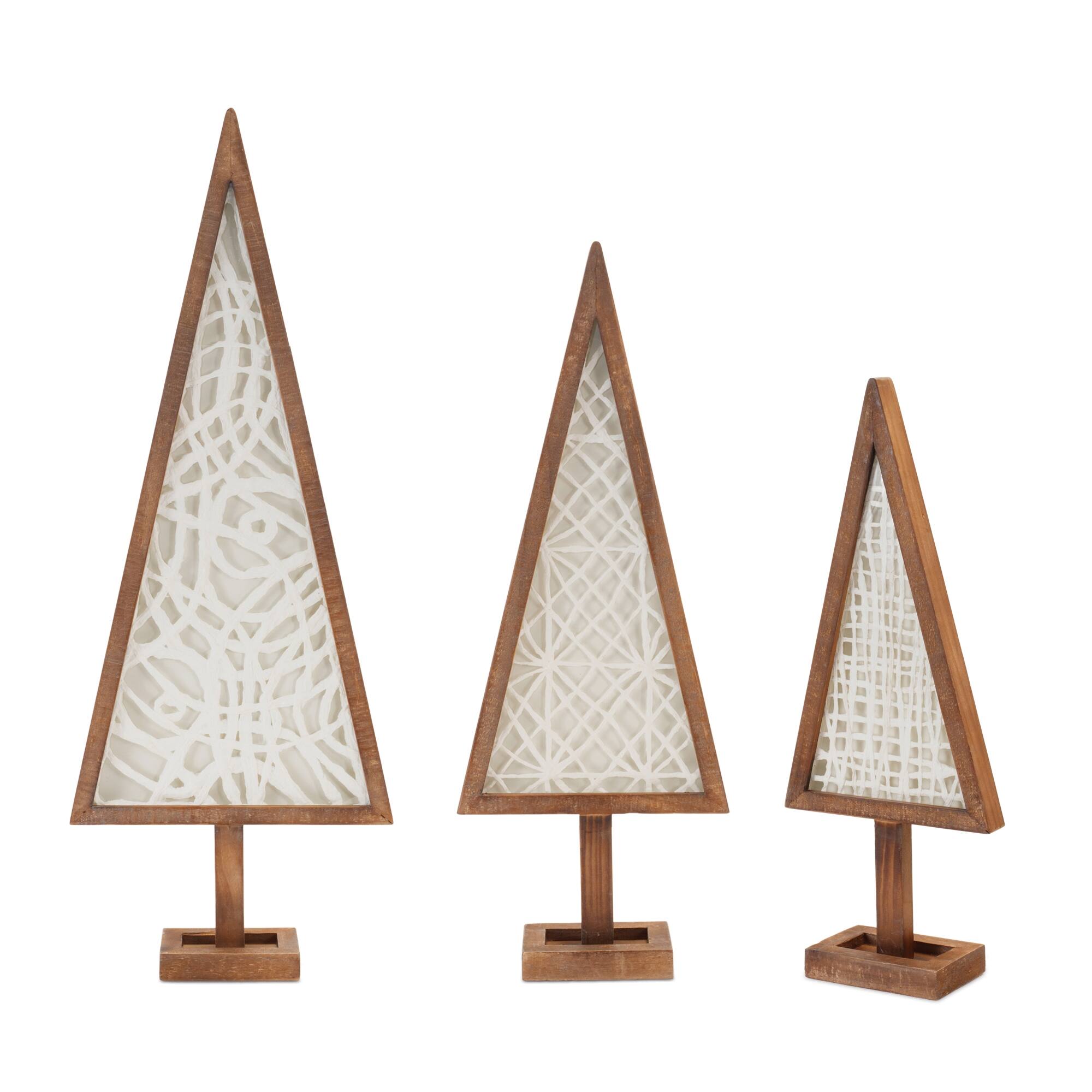 Angle. BreeBe - Framed Paper Mache Pine Tree (Set of 3) - White, Brown.