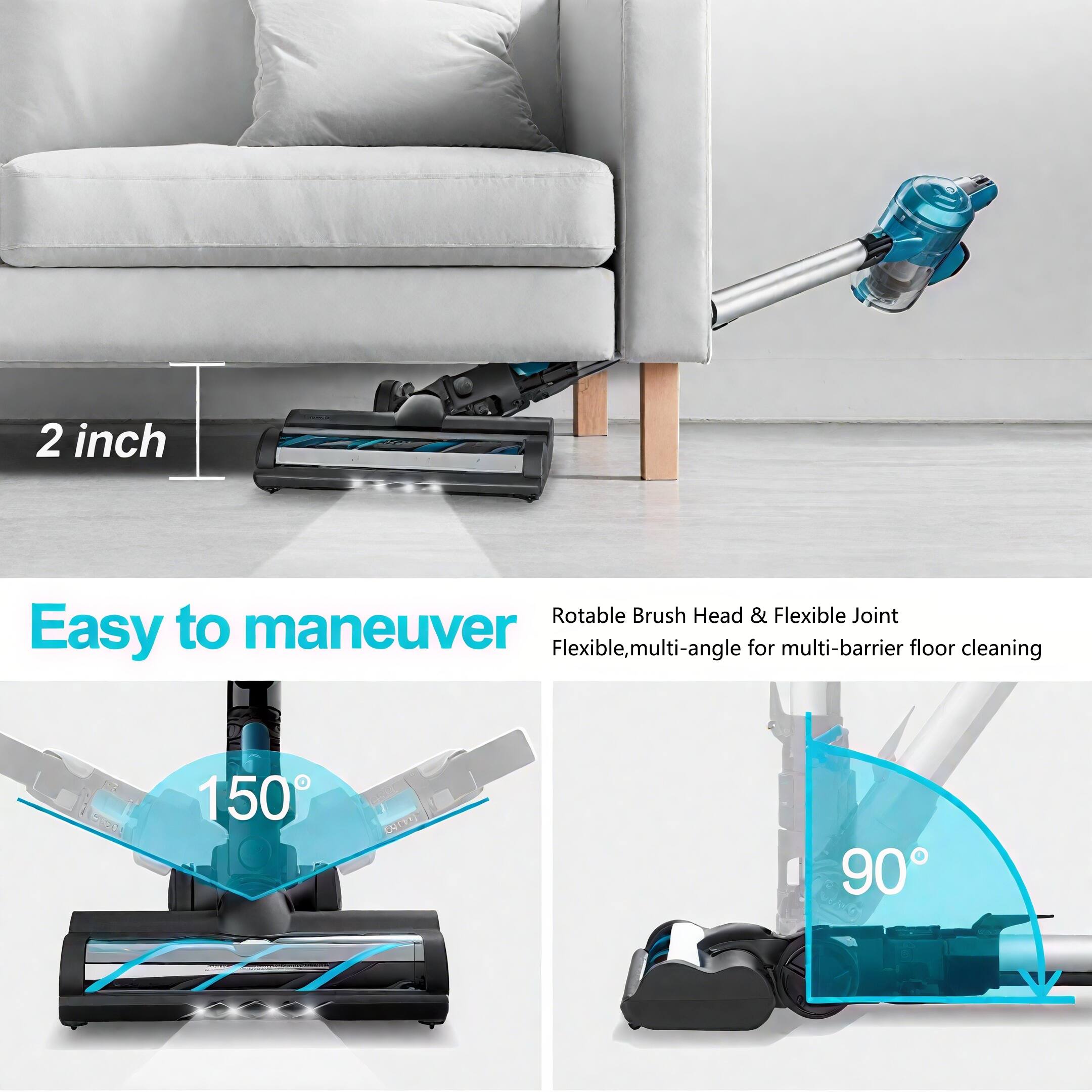2 inch Rotable Brush Head & Flexible Joint  
Easy to maneuver  
Flexible, multi-angle for multi-barrier floor cleaning  
150°  
90°
