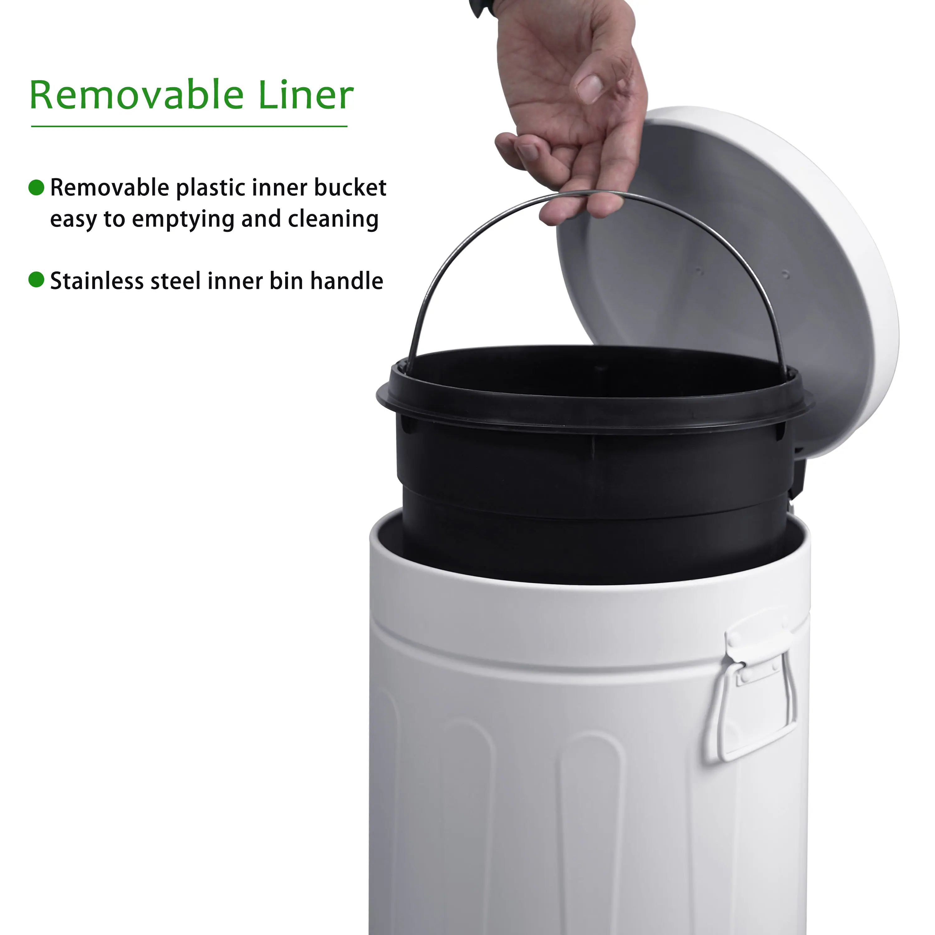 Removable Liner

Removable plastic inner bucket easy to emptying and cleaning
Stainless steel inner bin handle